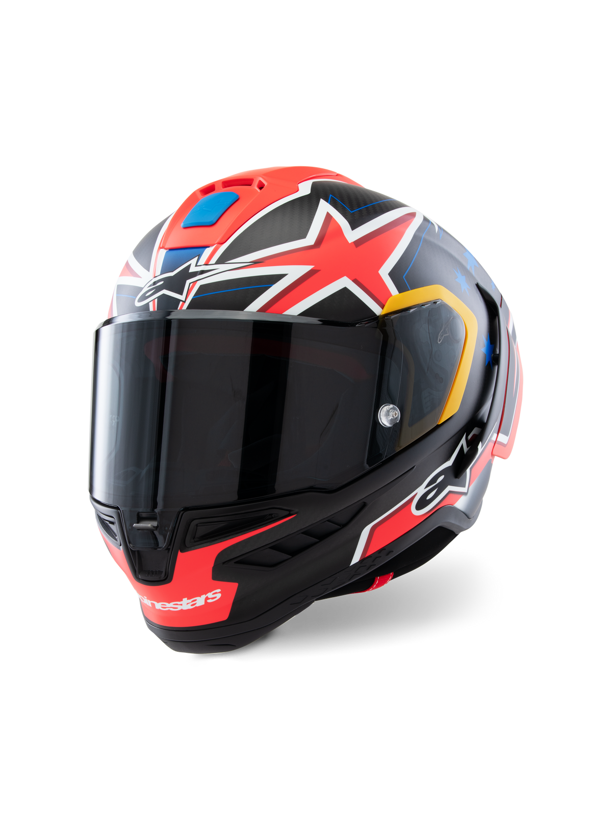 Alpinestars Supertech R10 Miller Limited Edition Helmet, full-face racing helmet, Carbon Red Matt with red stars, blue and yellow graphic accents, dark smoke visor, aerodynamic carbon shell for professional motorcycle racing