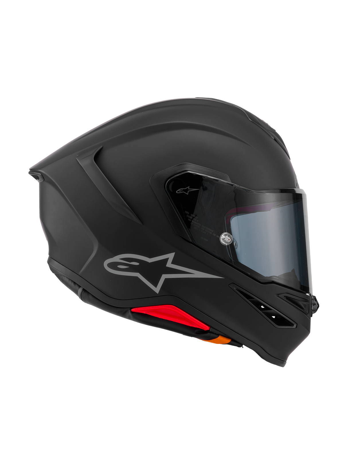 Casco Alpinestars S-R7 Solid, casco de moto integral, negro mate, vista de perfil lateral con calota aerodinámica de compuesto de carbono, alerón trasero integrado, logotipo Astars plateado, visor transparente y puertos de ventilación, equipamiento de carreras y conducción deportiva