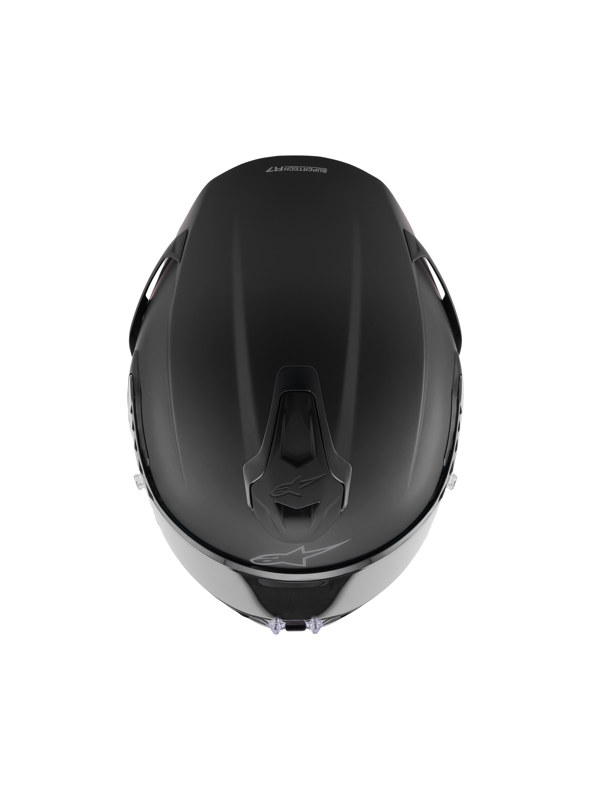 Casco Alpinestars S-R7 Solid, casco integral de competición, negro mate, vista superior que muestra la construcción aerodinámica de la calota, puertos de ventilación integrados y el sutil logotipo de Alpinestars.