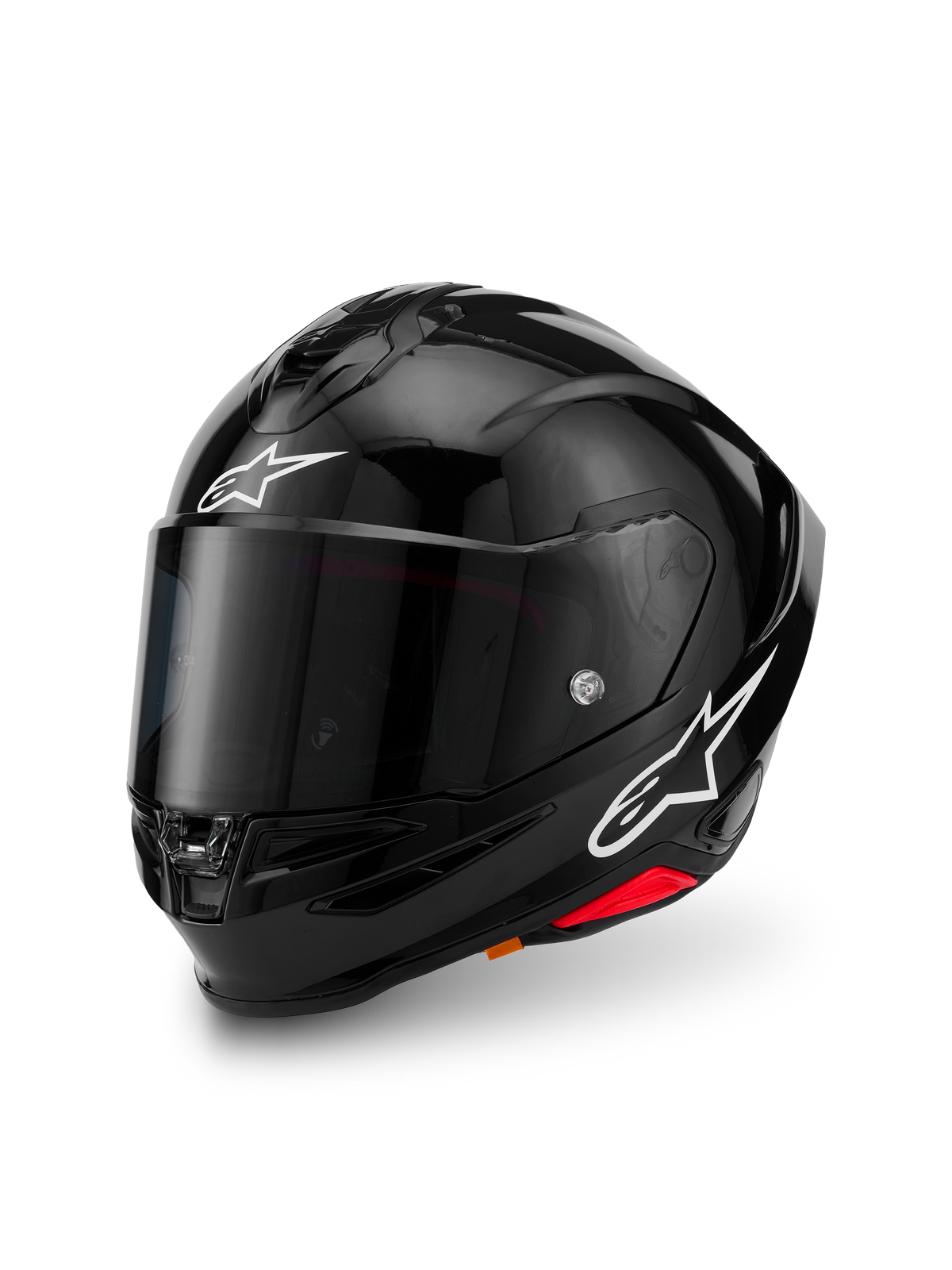 Casco Alpinestars S-R7 Solid, negro brillante, casco integral de motocicleta con calota de compuesto de carbono, logotipos de estrella blancos en la frente y el lateral, visera transparente y diseño aerodinámico con alerón