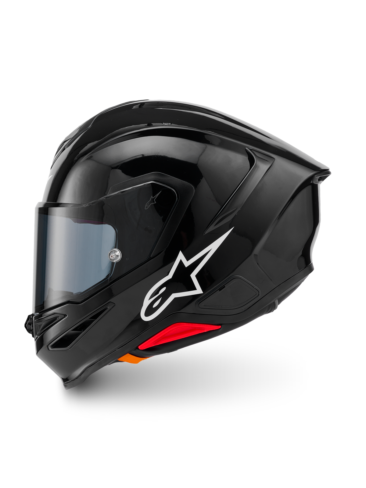 Casco Alpinestars S-R7 Solid, casco de moto integral, negro brillante, vista de perfil lateral con el logotipo blanco de Alpinestars, calota aerodinámica con alerón integrado, visor tintado y detalles rojos del sistema de liberación de emergencia.