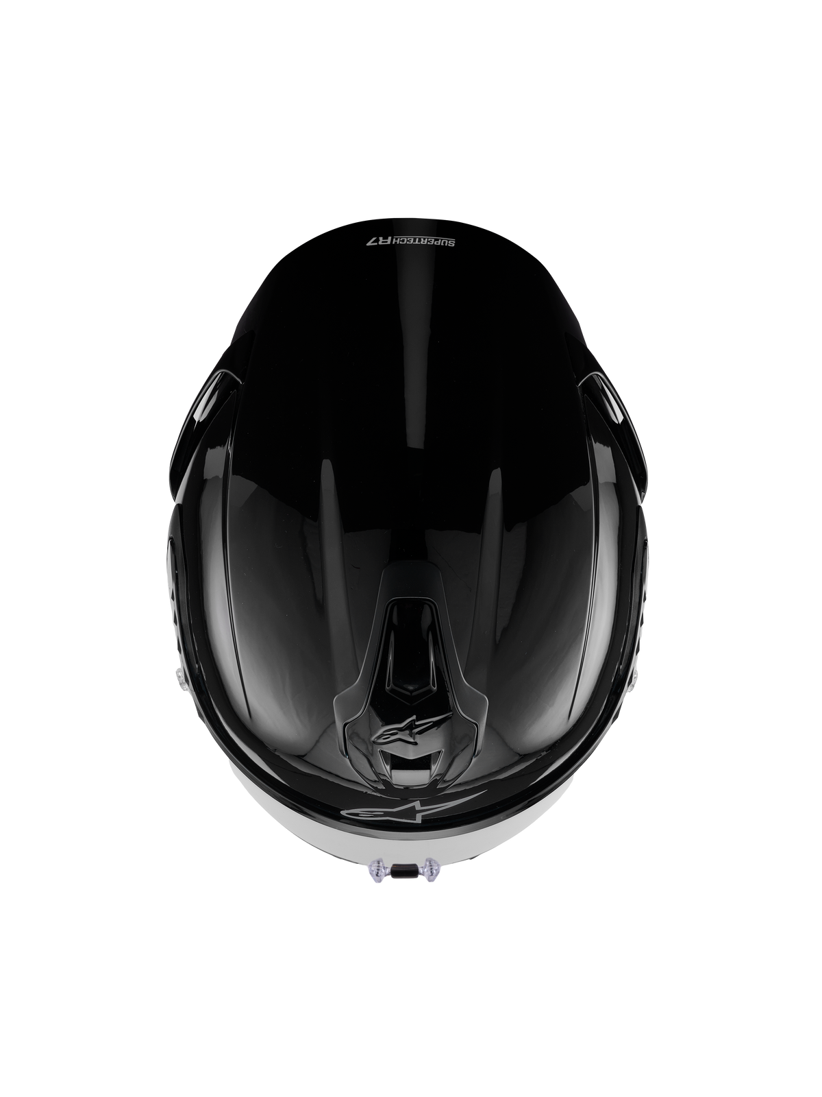 Casco Alpinestars S-R7 Solid, casco integral de motocicleta, negro brillante, vista superior que muestra la calota aerodinámica, los puertos de ventilación y un elegante acabado brillante