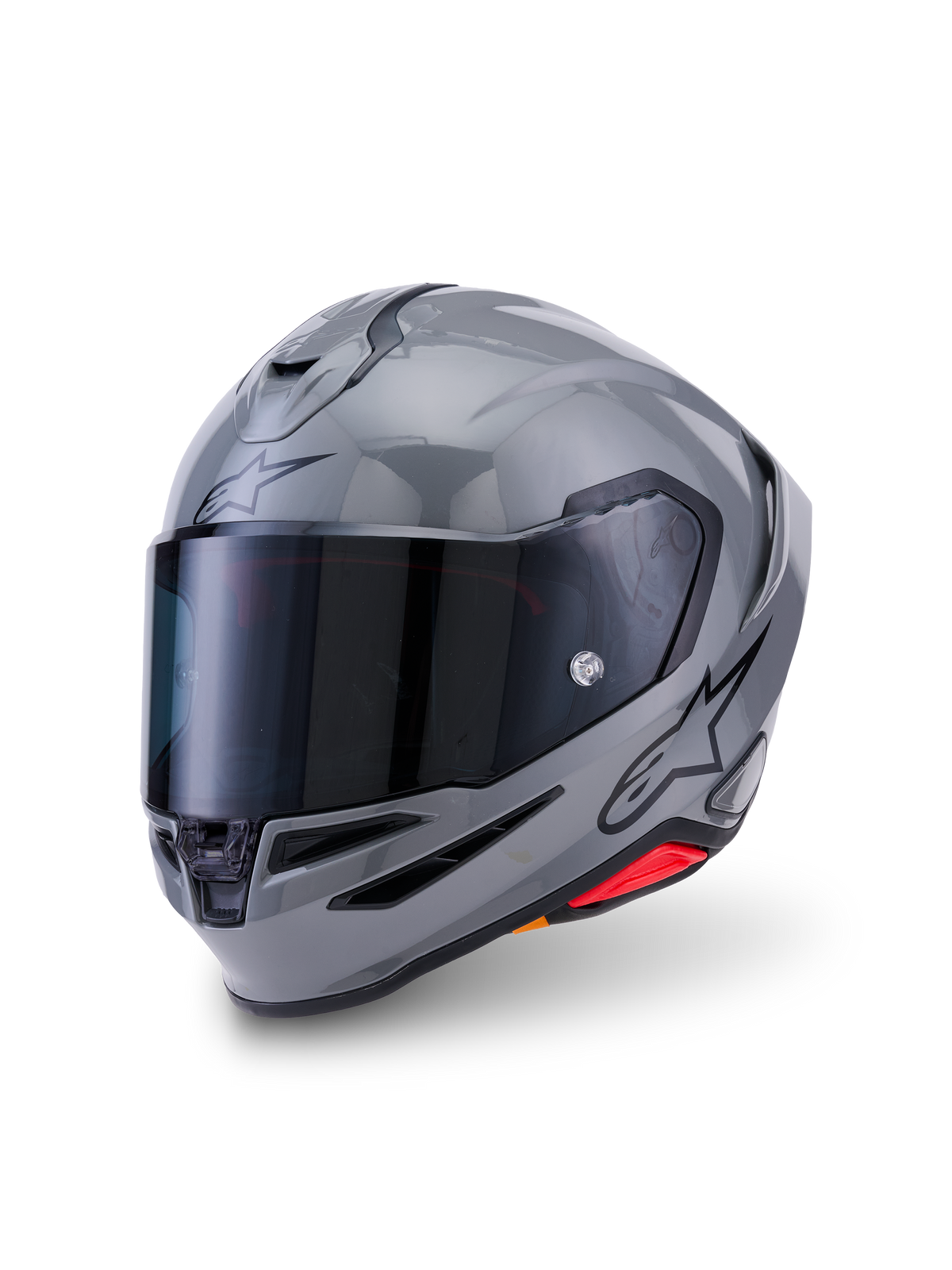 Casco Alpinestars S-R7 Solid, casco de moto integral, gris brillante, con visera ahumada oscura, calota aerodinámica con alerón integrado, puertos de ventilación y logotipo de Alpinestars en negro en el lateral