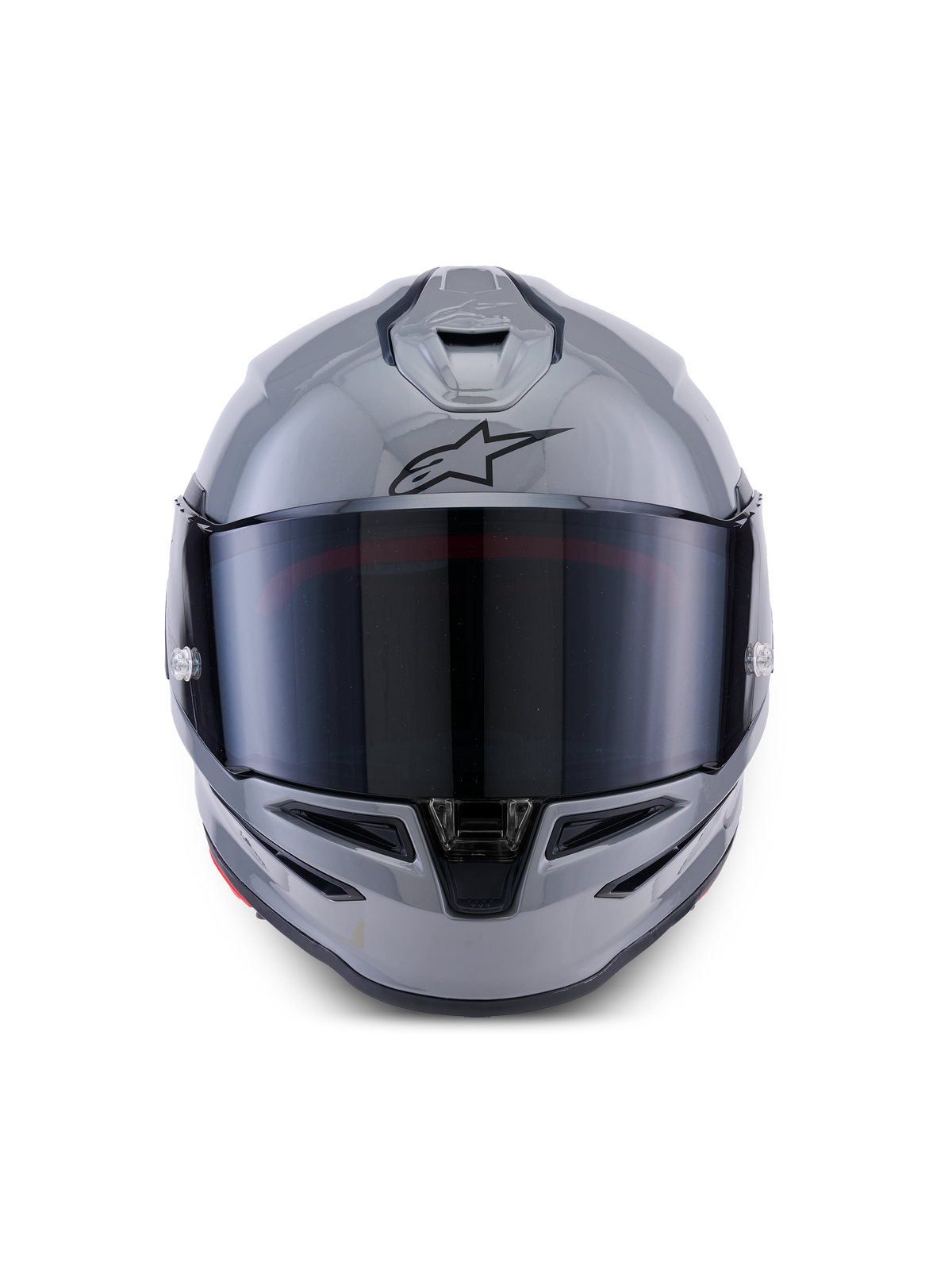 Casco Alpinestars S-R7 Solid, casco integral de moto, gris brillante, vista frontal con visor tintado oscuro, logo A-star negro en la frente, calota aerodinámica con ventilación integrada, diseñado para competición y rendimiento deportivo.