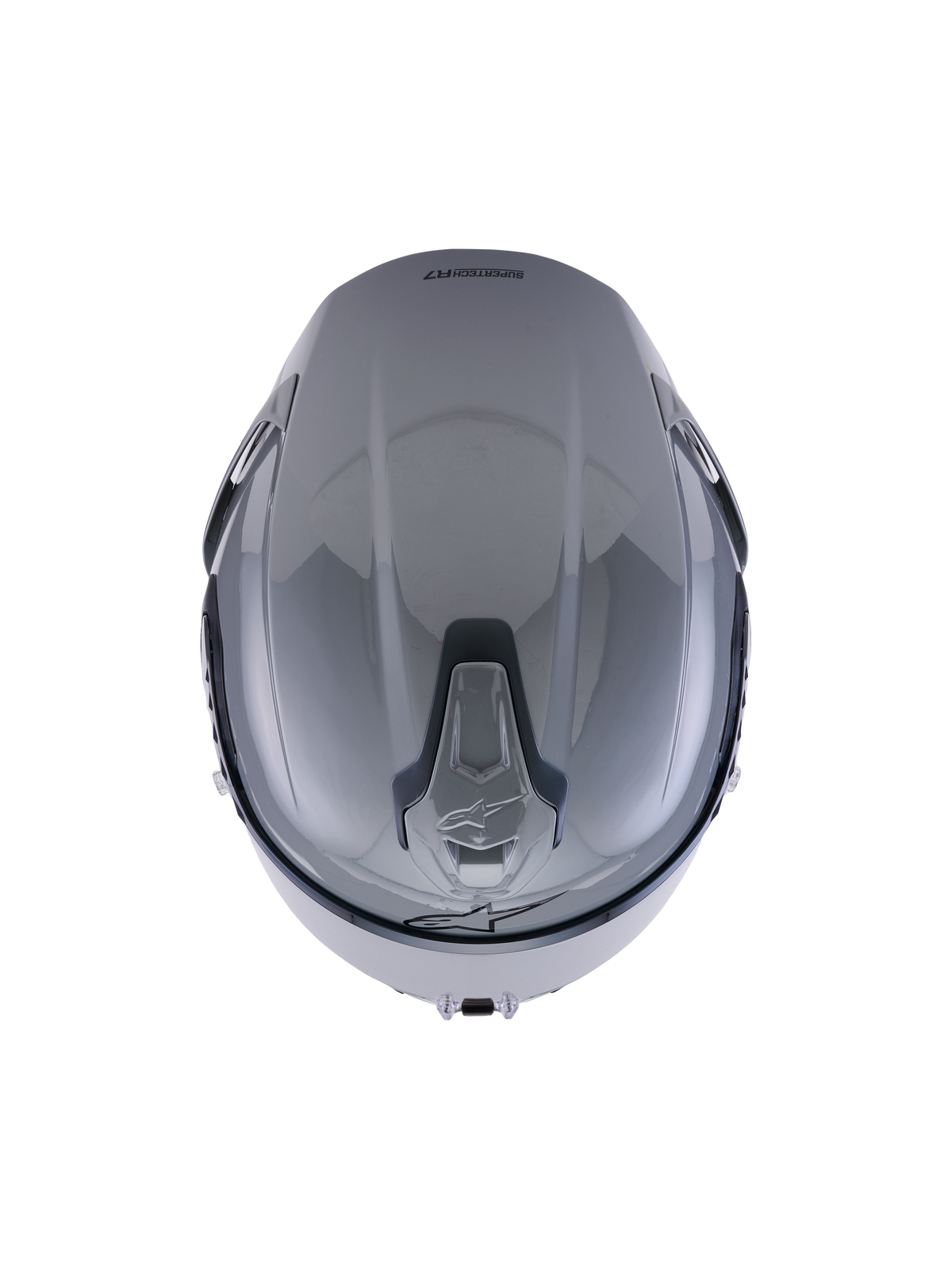 Casco Alpinestars S-R7 Solid, gris brillo, vista desde arriba que resalta el diseño aerodinámico de la calota y los puertos de ventilación superiores deslizables integrados.