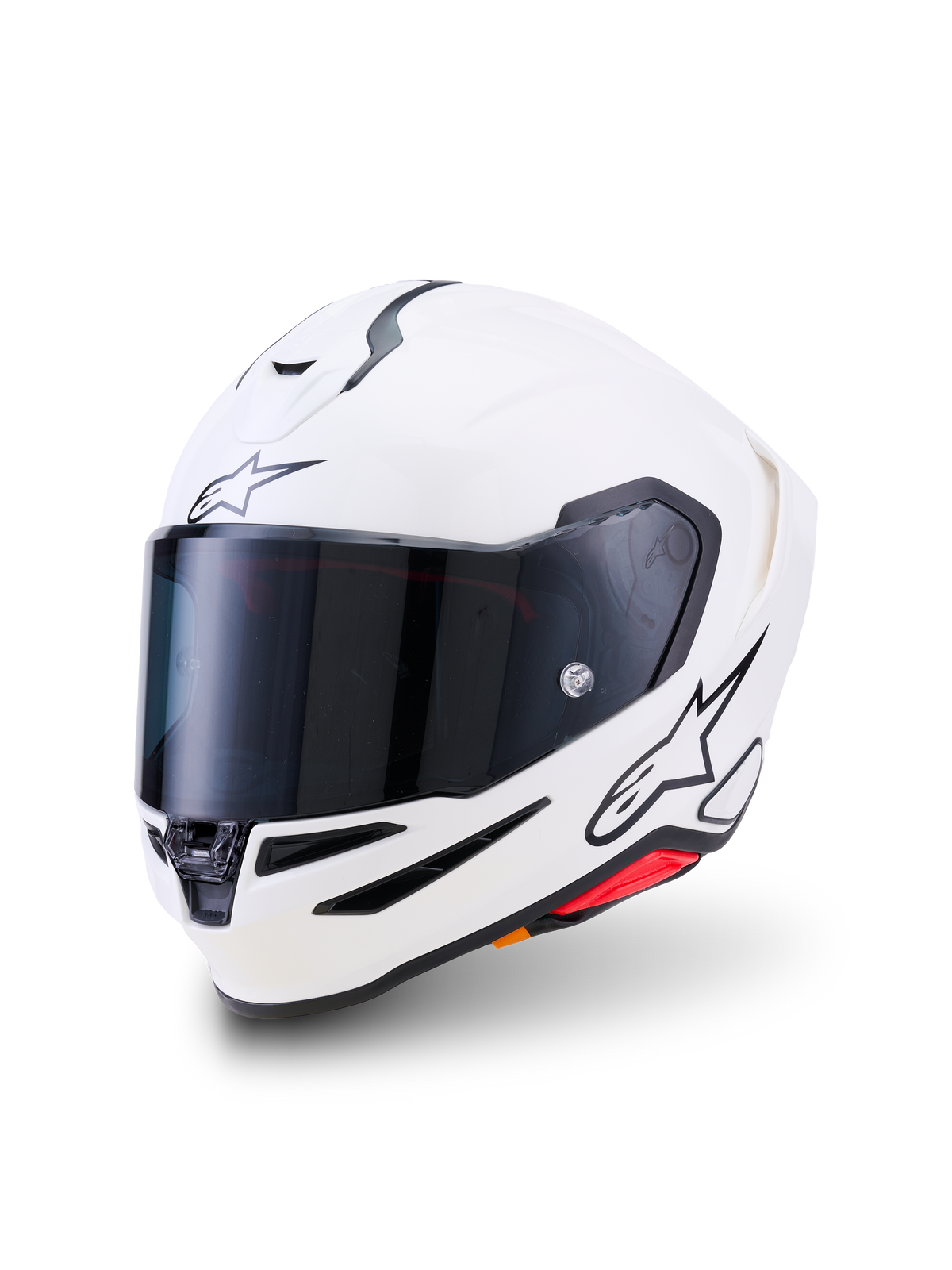 Casco Alpinestars S-R7 Solid, casco de moto integral, blanco brillante, visera ahumada oscura, logotipo de estrella negra en la frente y el lateral, carcasa aerodinámica con puertos de ventilación y detalles en rojo, equipamiento de alto rendimiento para competición y carretera