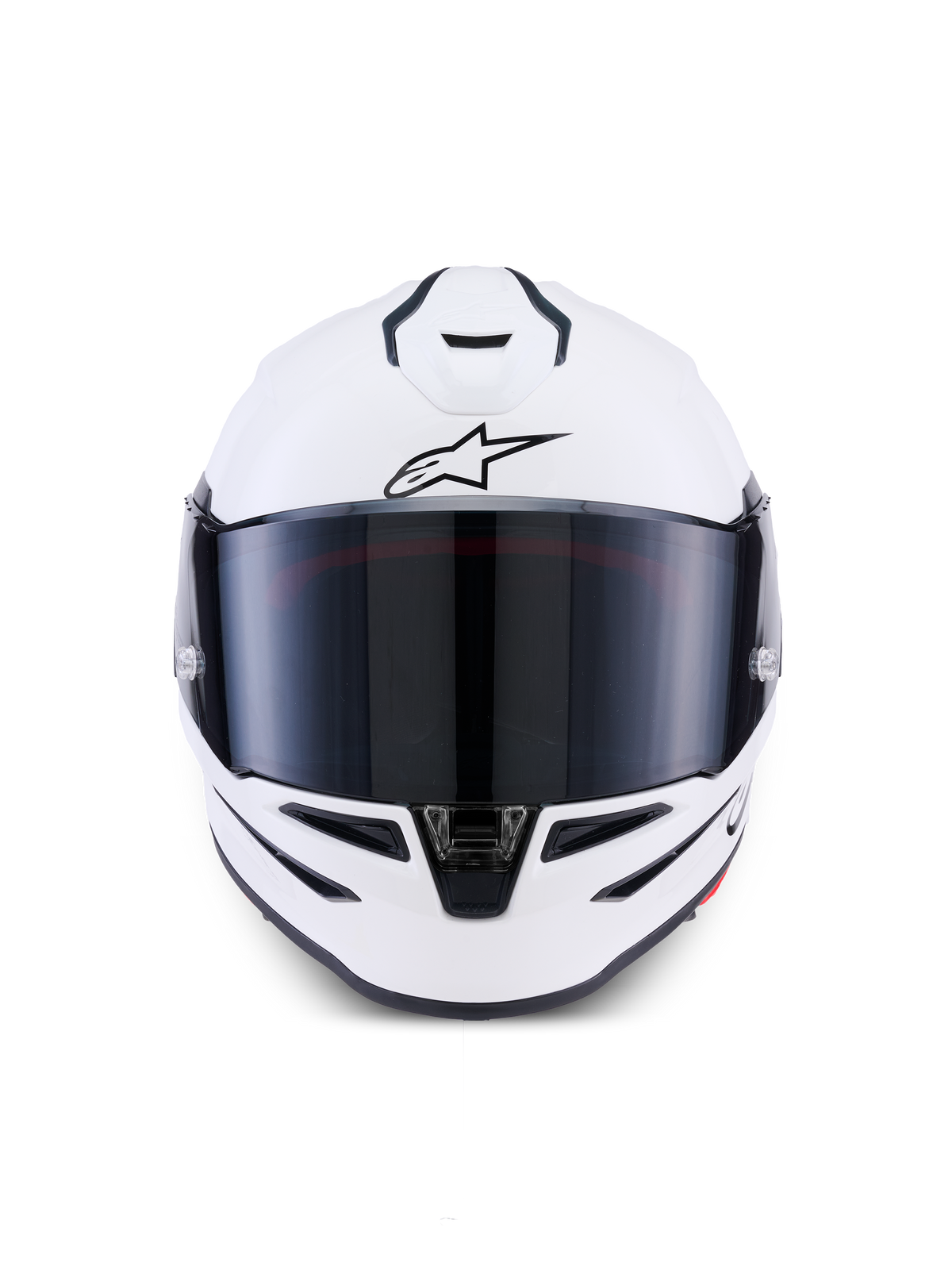 Casco Alpinestars S-R7 Solid, casco de moto integral, blanco brillante, vista frontal con pantalla tintada oscura, calota aerodinámica con ventilaciones integradas, equipamiento profesional de carreras y deportivo