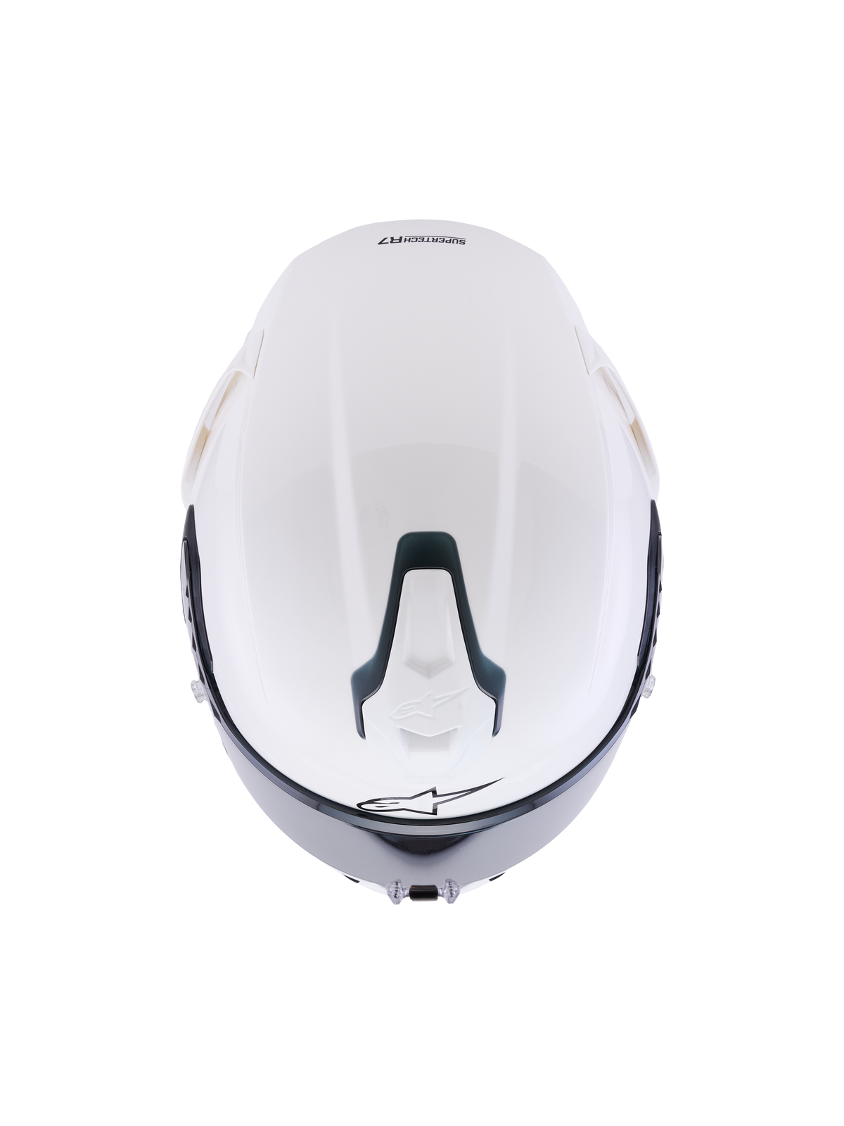 Casco Alpinestars S-R7 Solid, casco de moto integral en blanco brillante, vista superior que muestra la calota aerodinámica, puerto de ventilación superior deslizable con detalles en negro y logotipo de estrella distintivo, diseño estilizado inspirado en las carreras para estabilidad a alta velocidad.