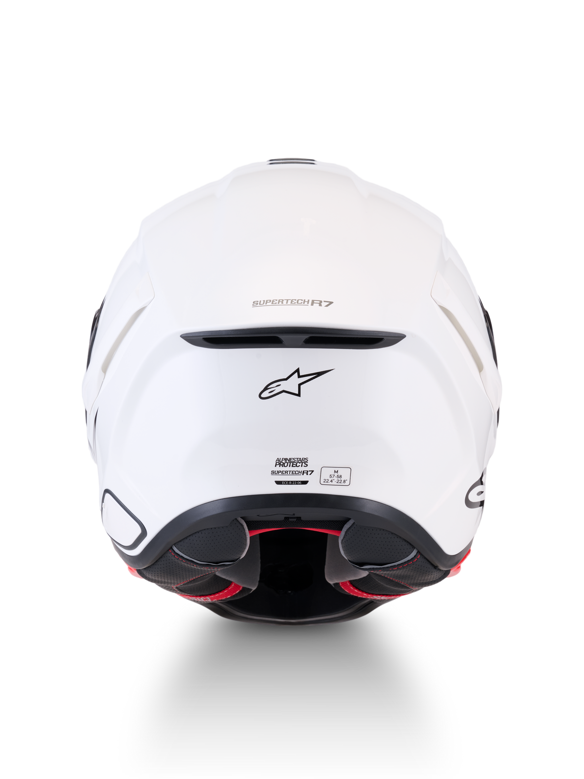 Alpinestars Supertech R7 Solid Casco ECE 22.06, casco de moto para carretera, blanco brillante, vista trasera con construcción de compuesto de carbono, puerto de escape de ventilación, logo de A-star y etiqueta de certificación ECE 22.06