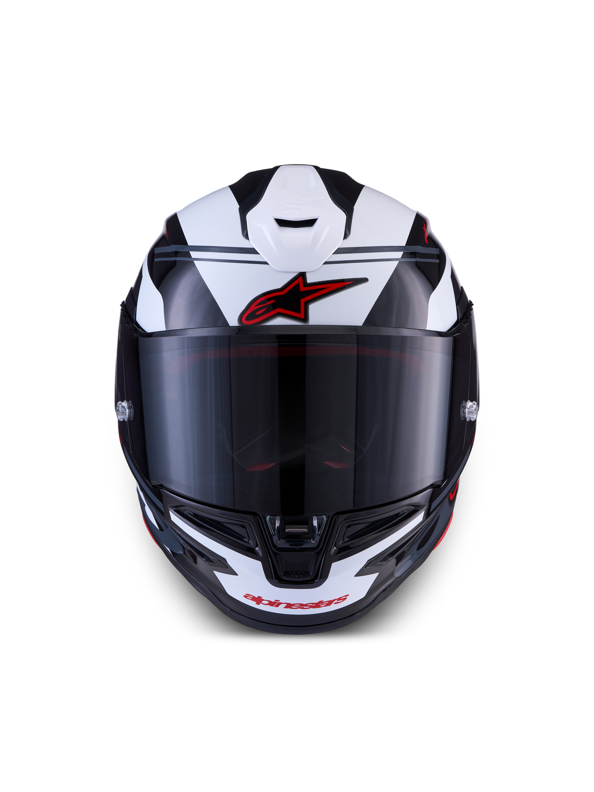 Alpinestars S-R7 A-Core casco ECE06, casco integral de moto para carreras, negro, blanco y rojo brillante, vista frontal con diseño aerodinámico y visor