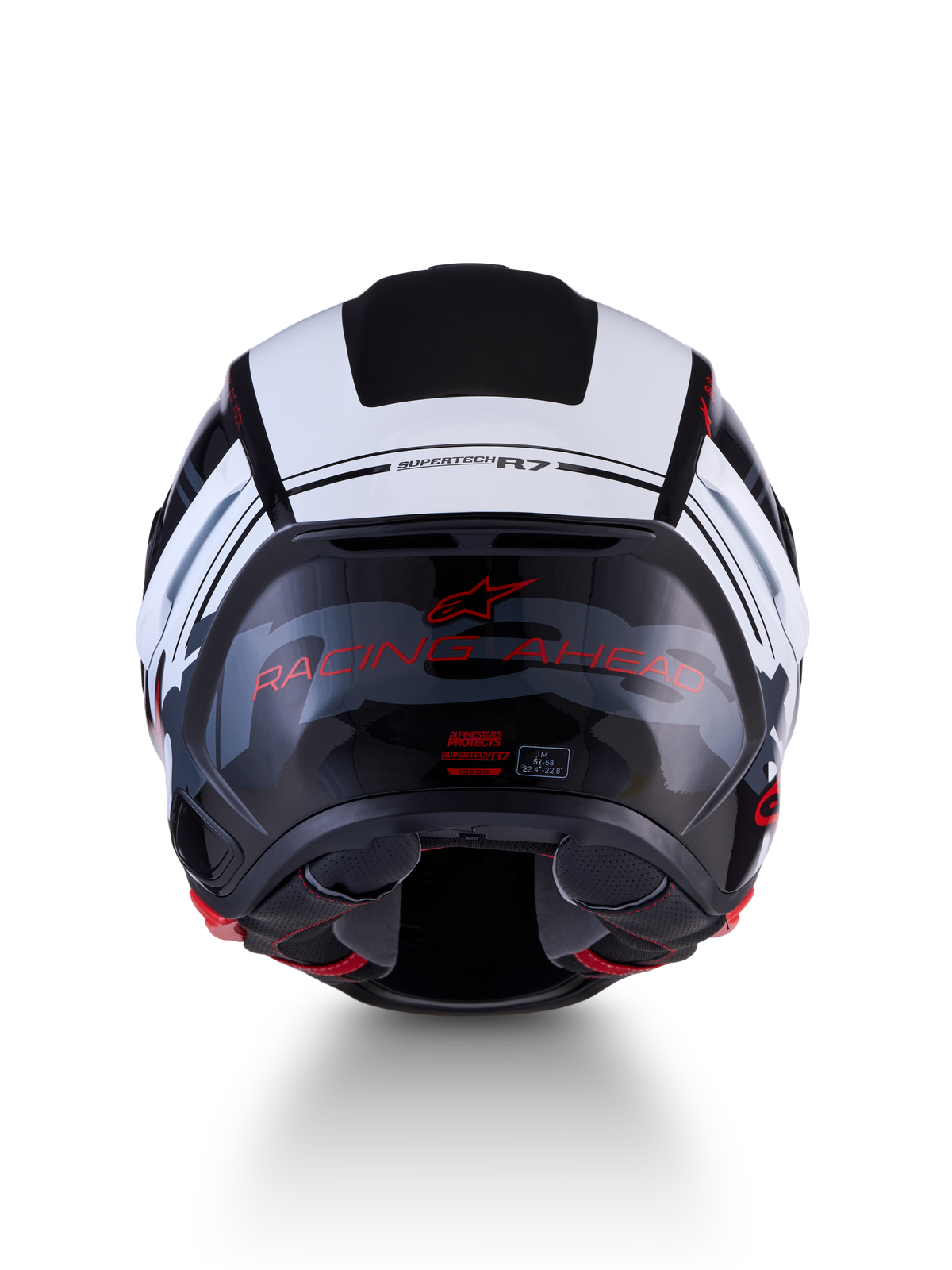 Alpinestars S-R7 A-Core casco de moto para carreras, vista trasera, negro, blanco y rojo, certificado ECE, con letras RACING AHEAD