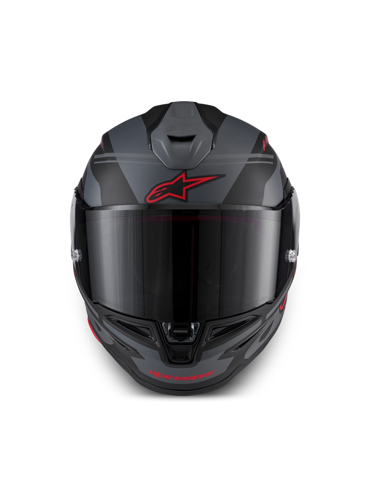 Alpinestars S-R7 A-Core ECE 06, casco integral de moto para carreras, negro, gris y rojo, vista frontal con ventilación aerodinámica y visera transparente