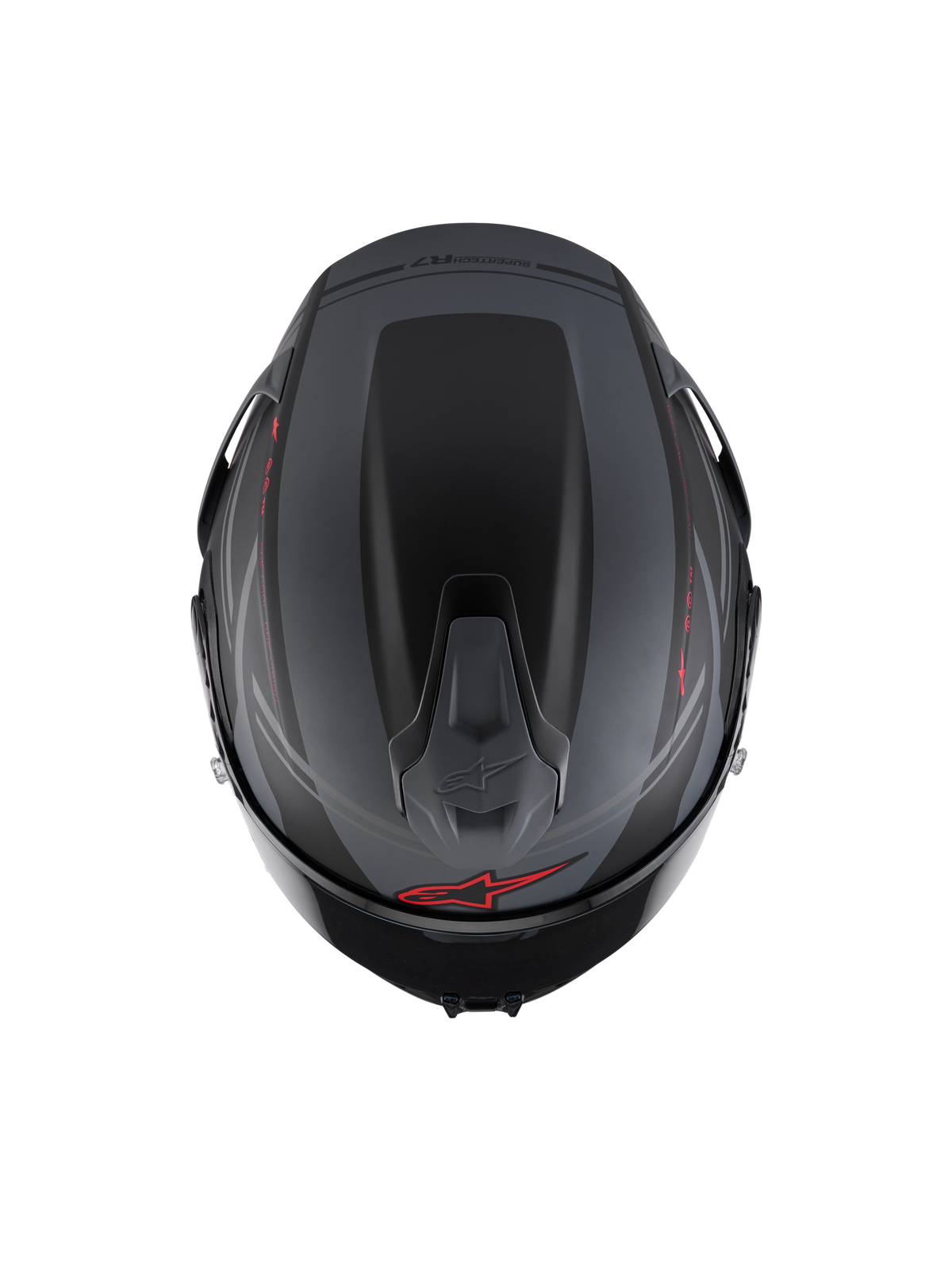 Alpinestars S-R7 A-Core ECE 22.06, casco integral de moto para carreras, vista superior con spoiler aerodinámico y ventilación, negro mate, gris y rojo