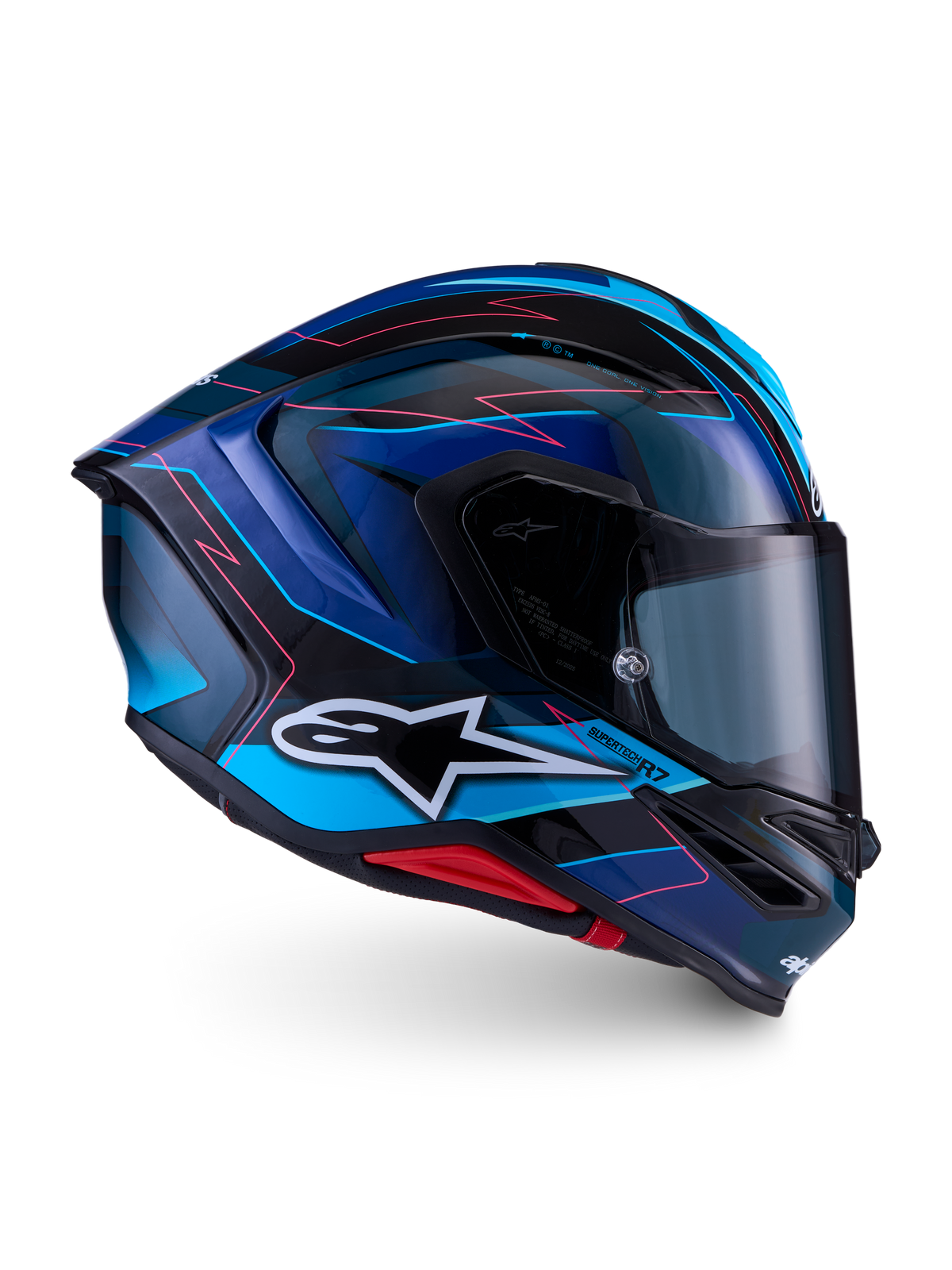 Alpinestars S-R7 Kinetis Casco ECE 22.06, casco integral de moto para carreras, azul y negro con detalles en rosa y blanco, certificado ECE, construcción de compuesto de carbono