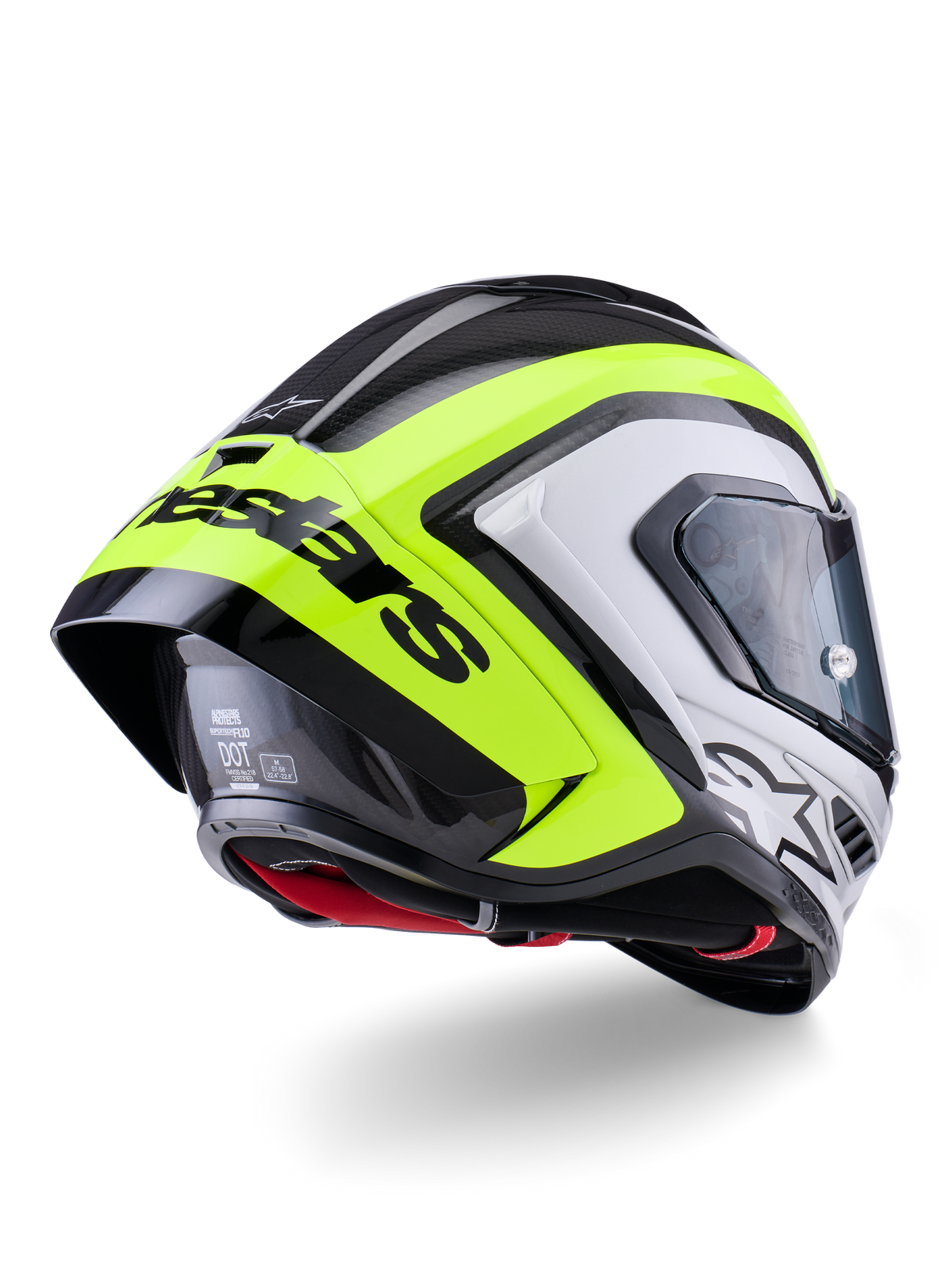Casco Alpinestars Supertech R10 Arius, vista trasera, negro, plateado y amarillo flúor brillante, construcción de calota de fibra de carbono, gran alerón aerodinámico con el texto de Alpinestars en negro, protección de nivel de competición con diseño elegante