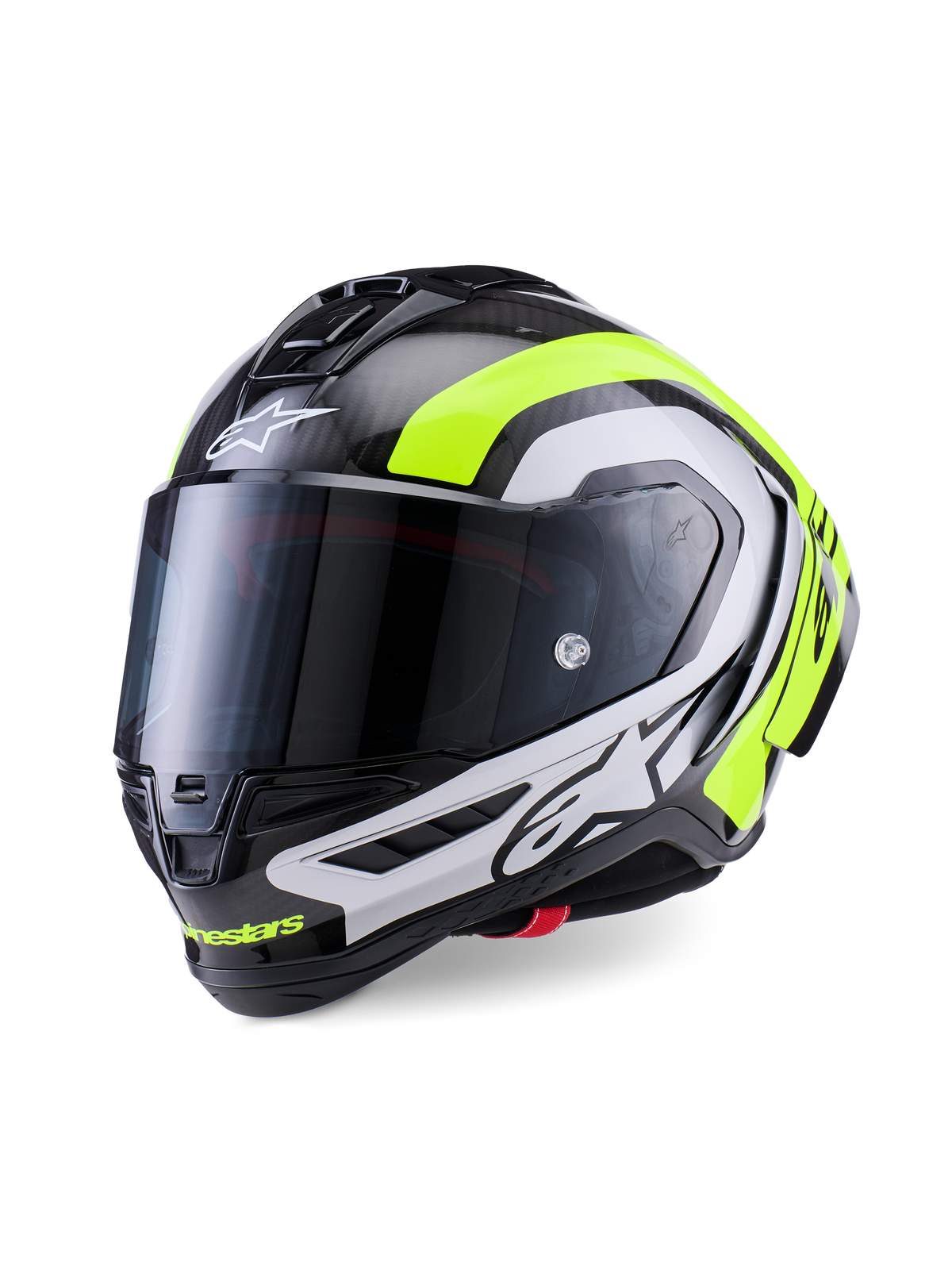 Casco Alpinestars Supertech R10 Arius, casco de moto de competición profesional, carbono negro brillante con detalles en plata y amarillo fluorescente, con visera ahumada oscura, aletines aerodinámicos y logotipo destacado de Alpinestars