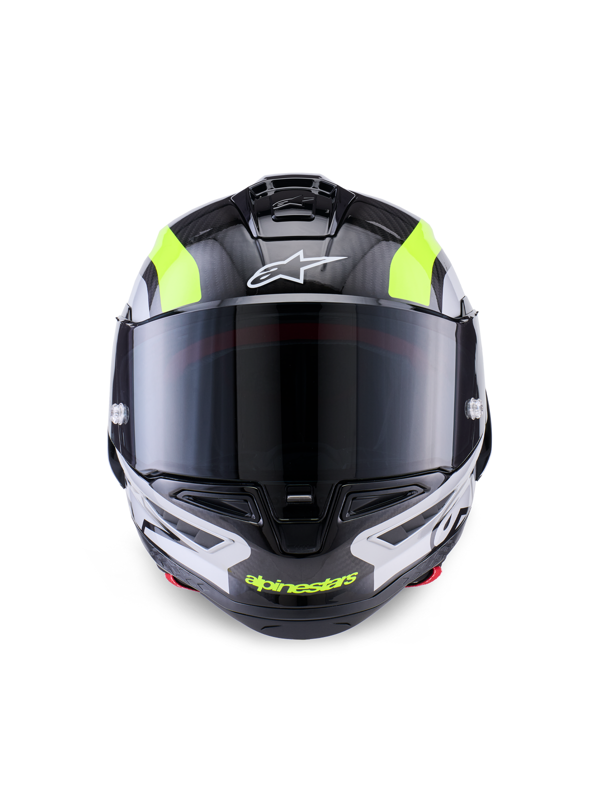 Casco Alpinestars Supertech R10 Arius, casco de competición para motocicleta, negro, plata y amarillo flúor brillante, vista frontal con calota de fibra de carbono, visor ahumado oscuro y sistema de ventilación integrado