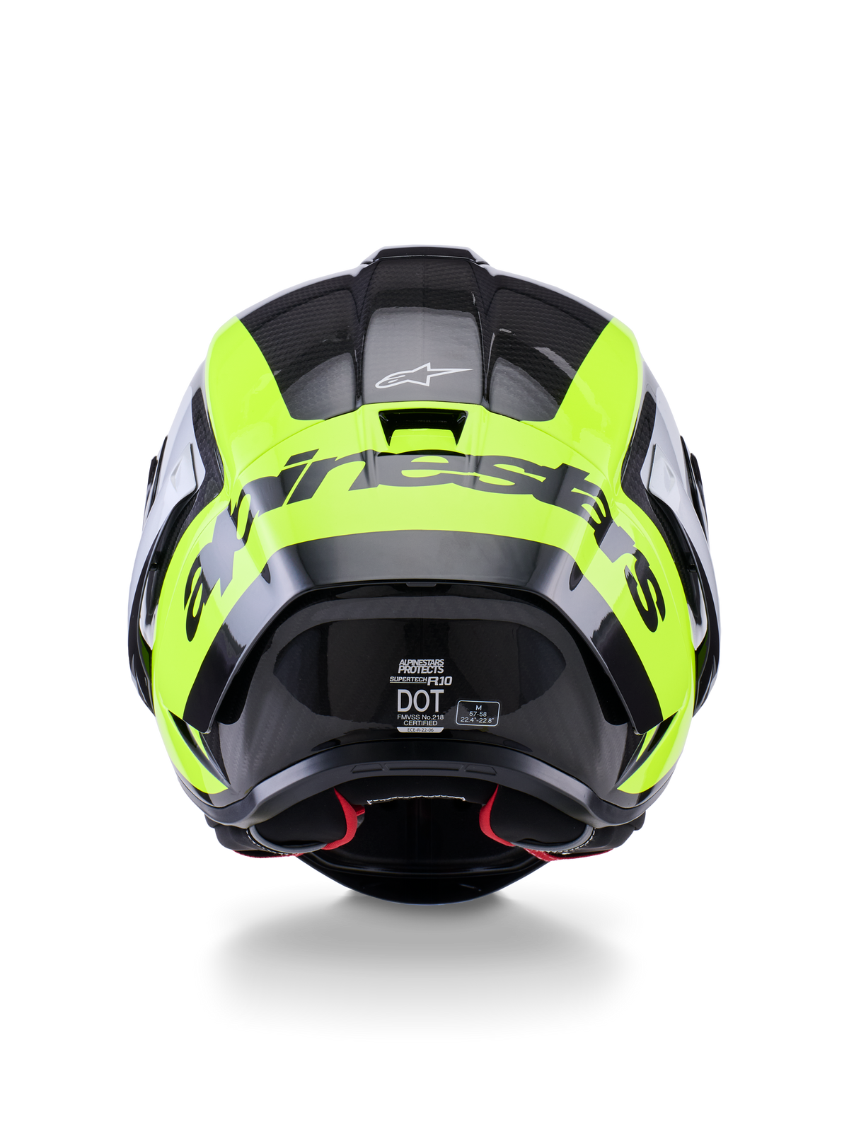Casco Alpinestars Supertech R10 Arius, vista trasera, negro, plata y amarillo flúor brillante, casco de competición de alto rendimiento con calota de carbono multicapa, diseño aerodinámico y logotipo de la marca en la parte trasera