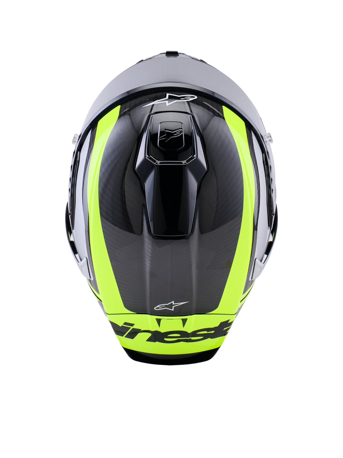 Casco Alpinestars Supertech R10 Arius, vista superior, negro, plata y amarillo flúor brillante, calota de fibra de carbono con vibrantes franjas amarillo flúor, puertos de ventilación superiores aerodinámicos y logotipos de Alpinestars, casco de competición de alto rendimiento