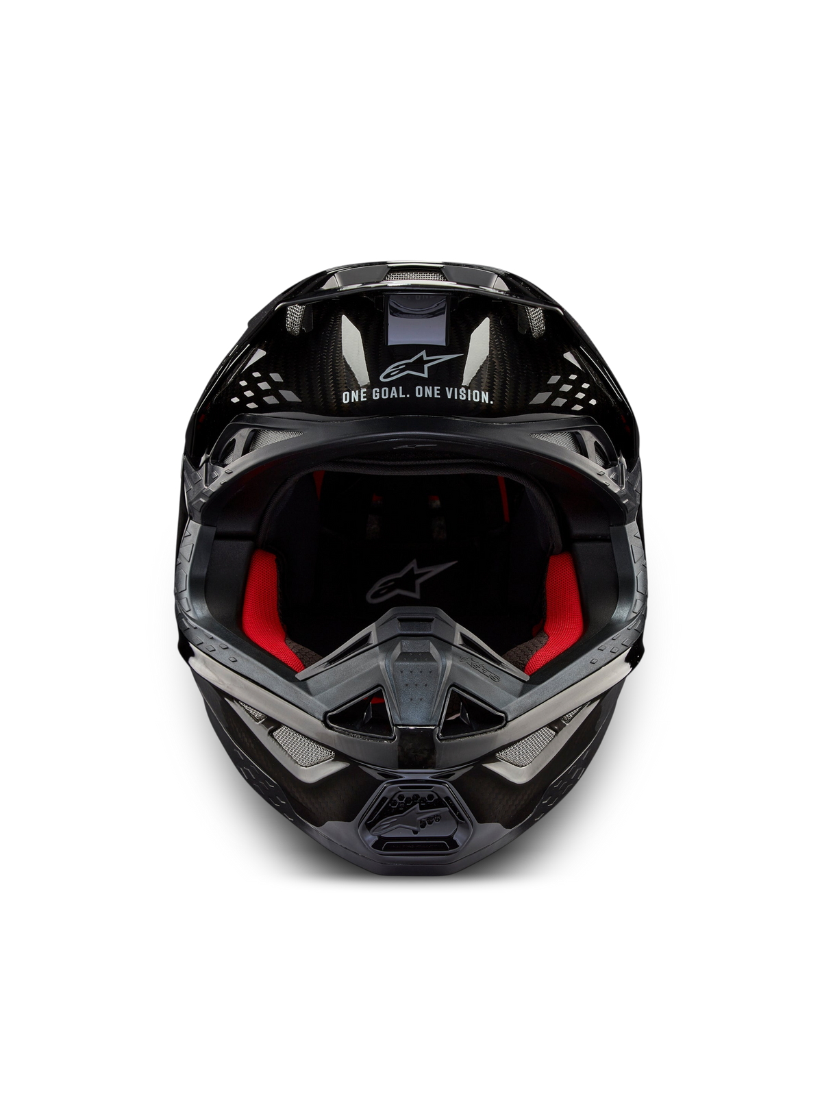 Alpinestars Supertech M10 Solid ECE 22.06, casco de motocross, vista frontal, carbono negro brillante con acolchado interior rojo y puertos de ventilación