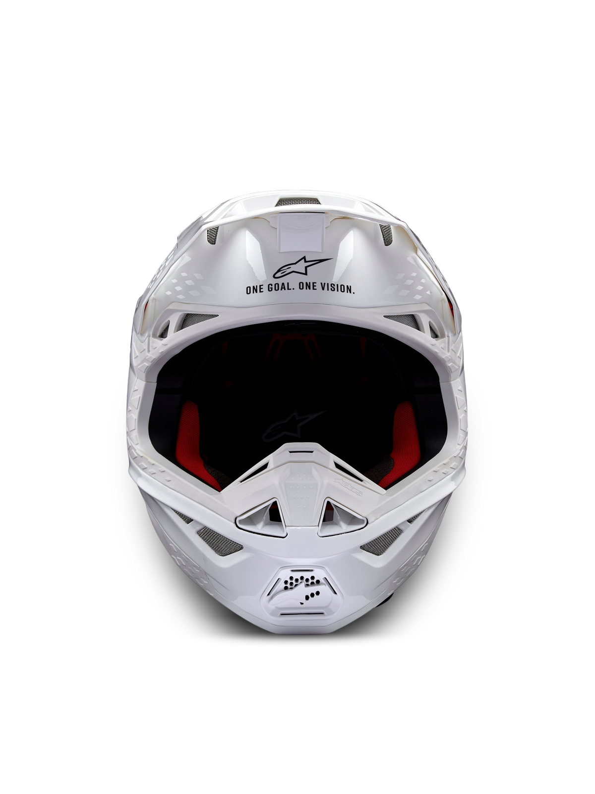 Alpinestars Supertech M10 Solid ECE 22.06, casco de motocross blanco brillante, vista frontal con acolchado interior rojo y negro