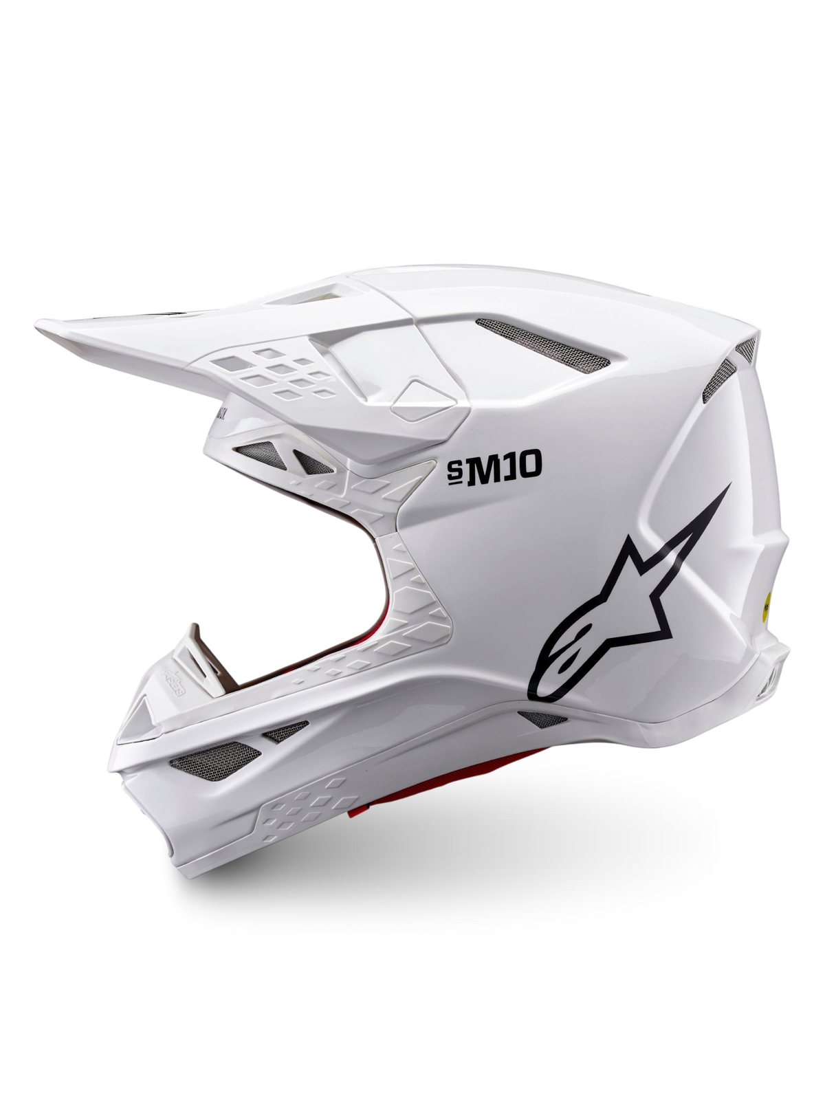 Alpinestars Supertech M10 Solid ECE 22.06, casco de motocross blanco brillante con logotipo negro, perfil lateral y múltiples puertos de ventilación