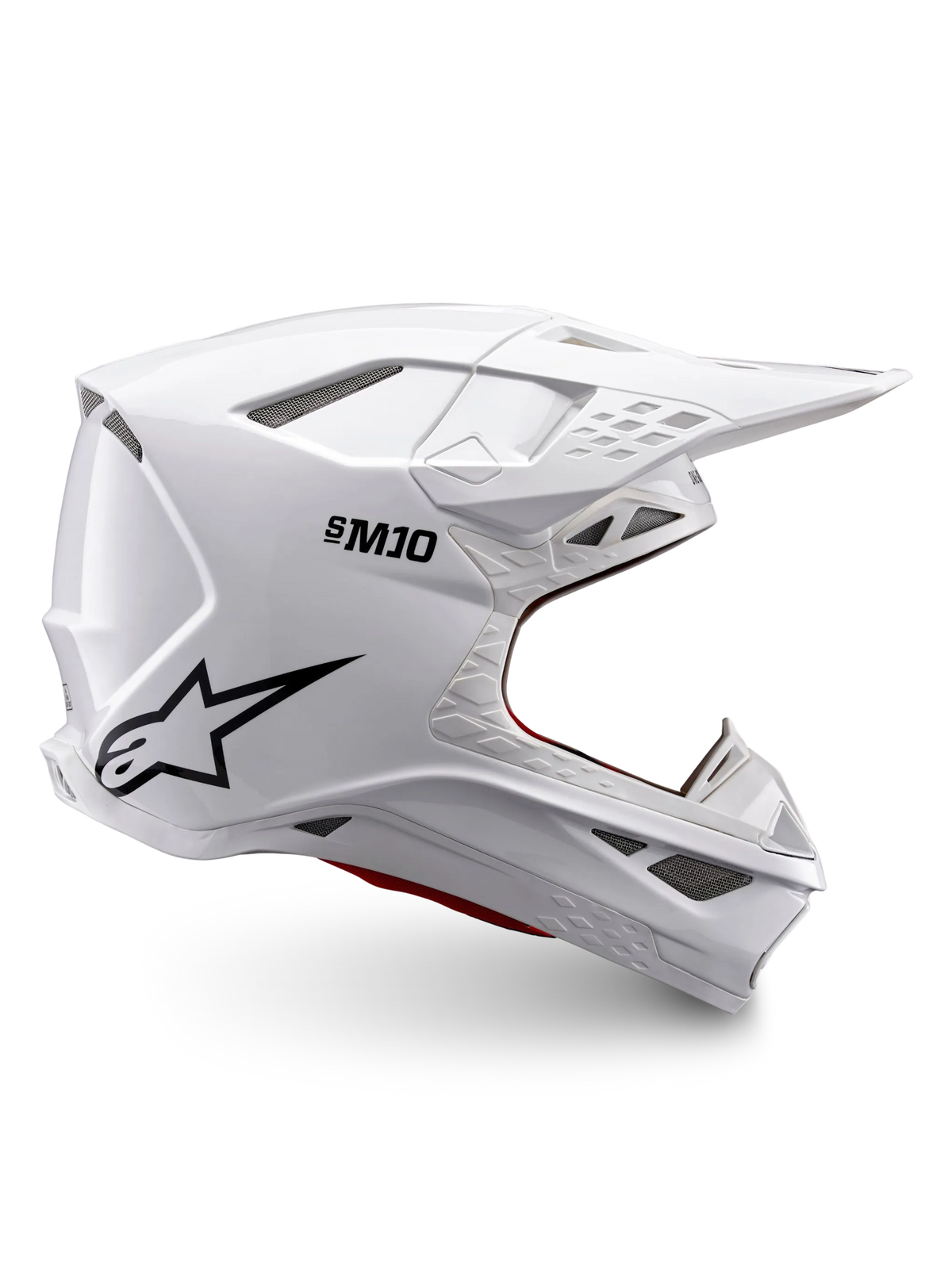 Alpinestars Supertech M10 Solid ECE 22.06, casco de motocross blanco brillante con logotipo negro, visera de pico y diseño ventilado, vista lateral
