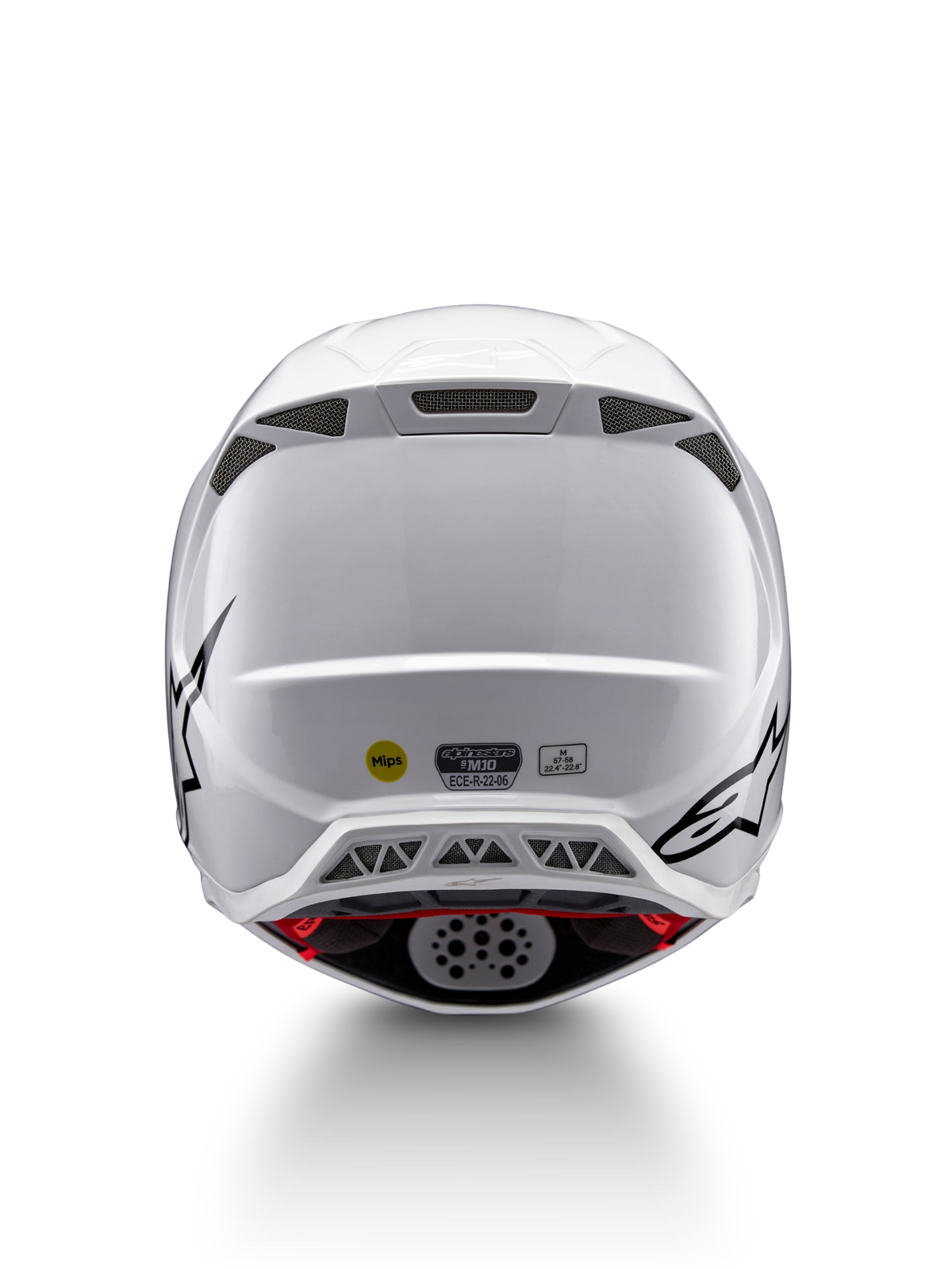 Alpinestars Supertech M10 Solid ECE 22.06, casco de motocross blanco brillante con gráficos negros, visto desde atrás, con puertos de ventilación, sistema MIPS y certificación ECE