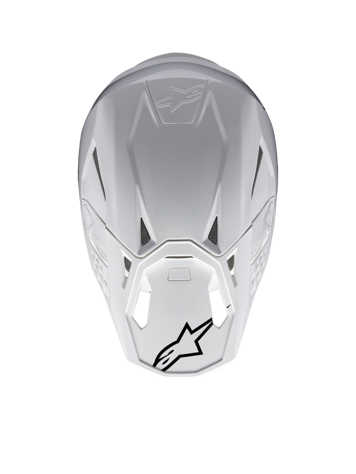 Alpinestars Supertech M10 Solid ECE 22.06, casco de motocross blanco brillante, vista trasera con puertos de ventilación y logotipos Alpinestars negros, carcasa de carbono y aramida
