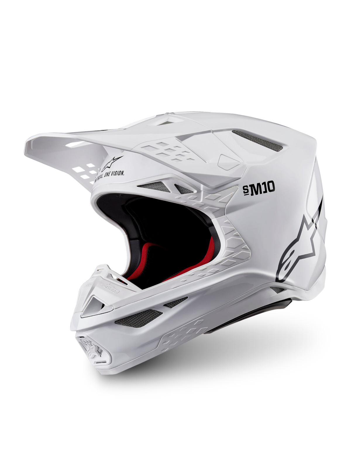 Alpinestars Casco Supertech M10 Solid ECE 22.06, casco de motocross blanco brillante con acolchado interior negro y rojo, visor superior y múltiples puertos de ventilación, vista de tres cuartos