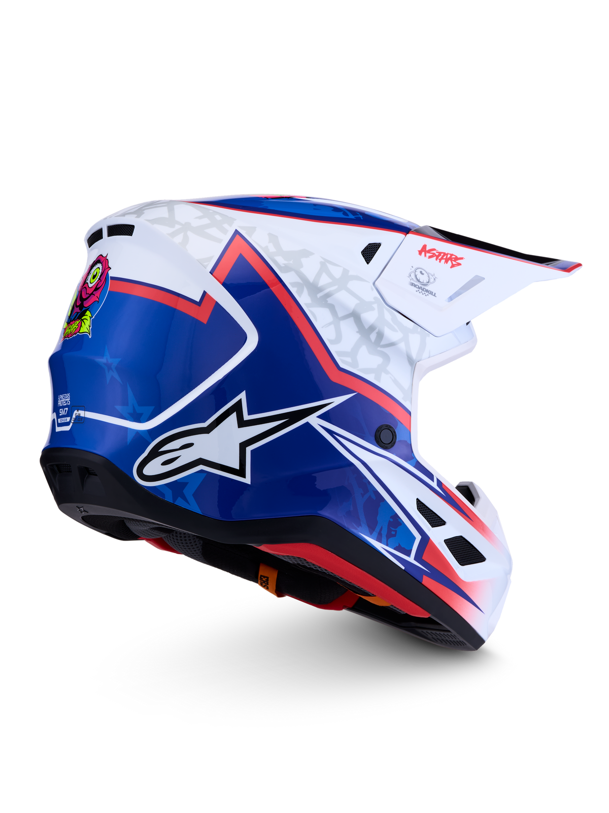 Casco Alpinestars S-M7 Blaster, casco de motocross, azul y blanco con detalles rojos, acabado brillante, certificación ECE