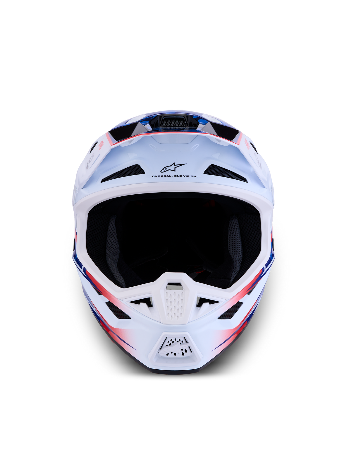 Alpinestars S-M7 Blaster ECE06, casco de motocross, blanco, azul y rojo, acabado brillante, construcción de carcasa ligera de compuesto, certificación ECE 22.06