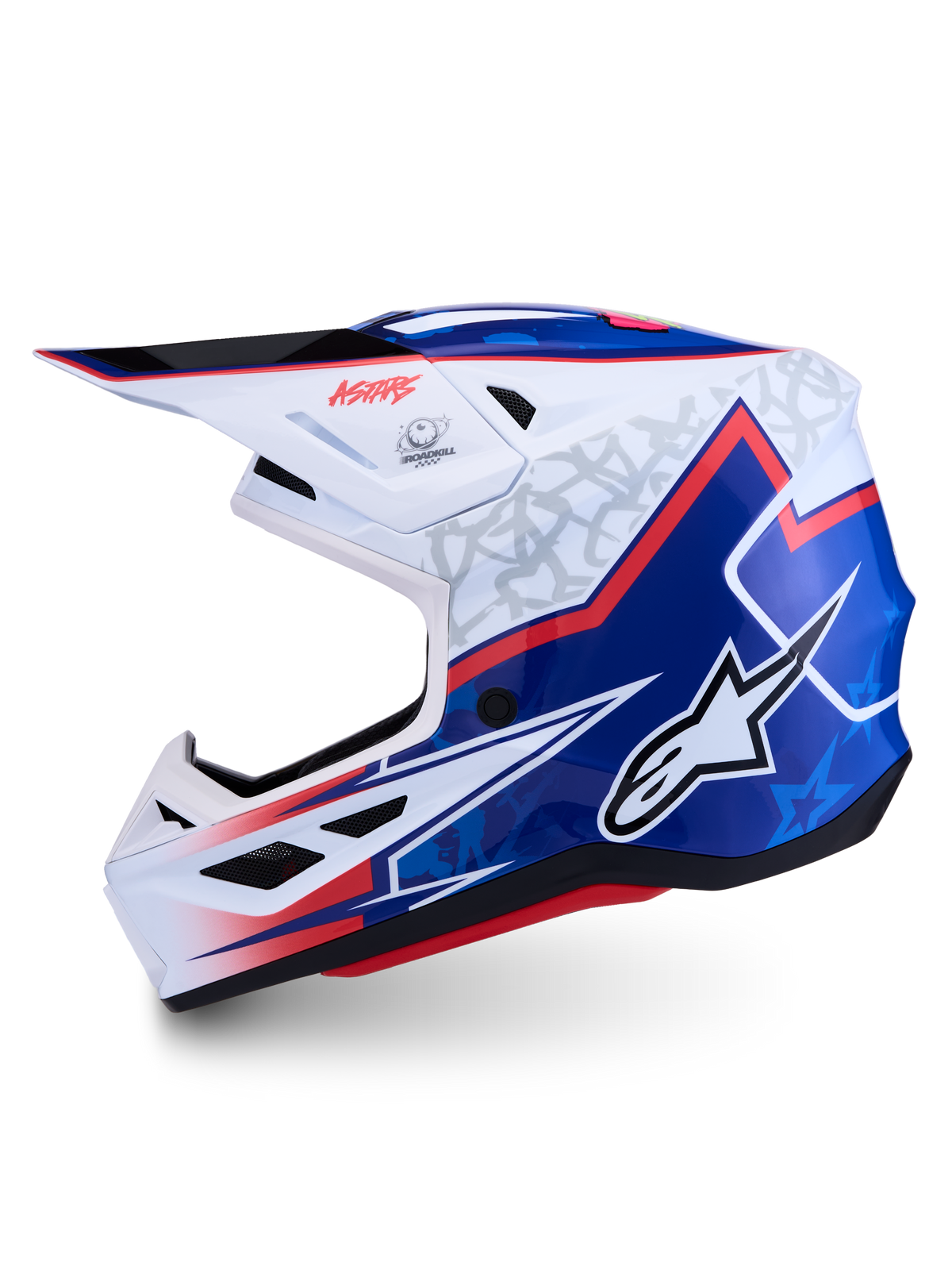 Alpinestars S-M7 Blaster ECE06, casco de motocross blanco y azul con detalles rojos, acabado brillante, certificación ECE 22.06
