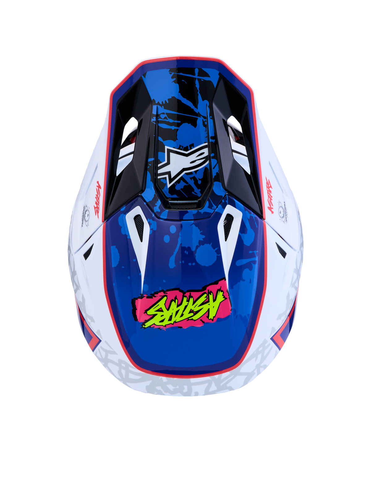 Casco Alpinestars S-M7 Blaster, casco de motocross, blanco y azul, certificado ECE 22.06, gráficos brillantes de salpicaduras de pintura