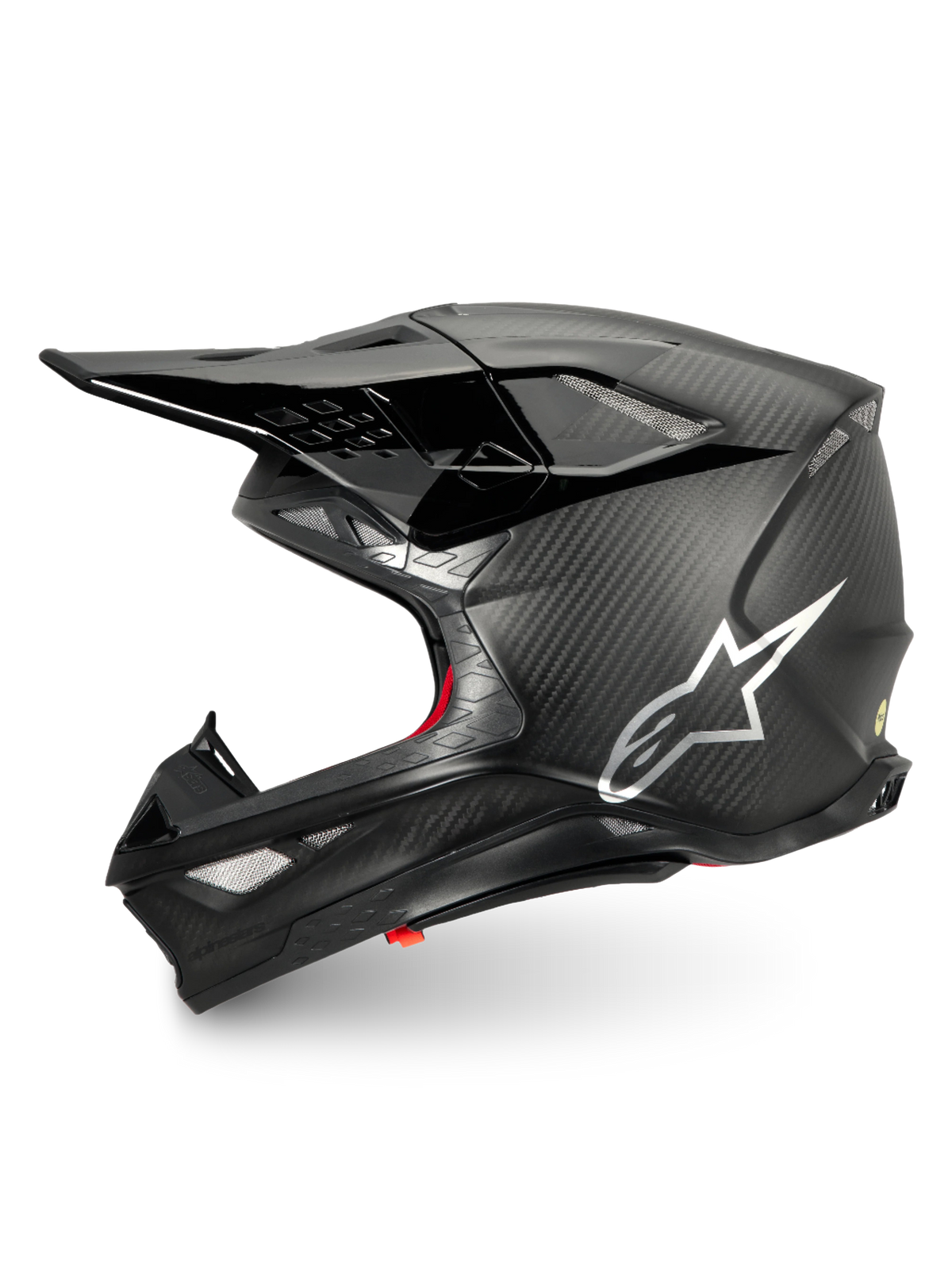 Alpinestars Supertech M10 Fame, casco de motocross negro carbón mate y brillante con logotipo plateado, certificado ECE 22.06