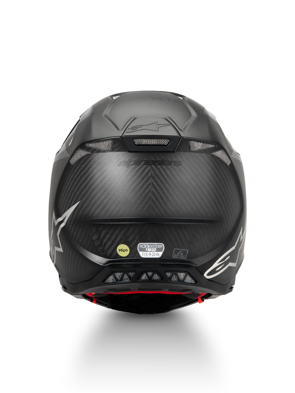 Casco Alpinestars Supertech M10 Fame para motocross, negro mate, fibra de carbono, MIPS, ECE 22.06, vista trasera.