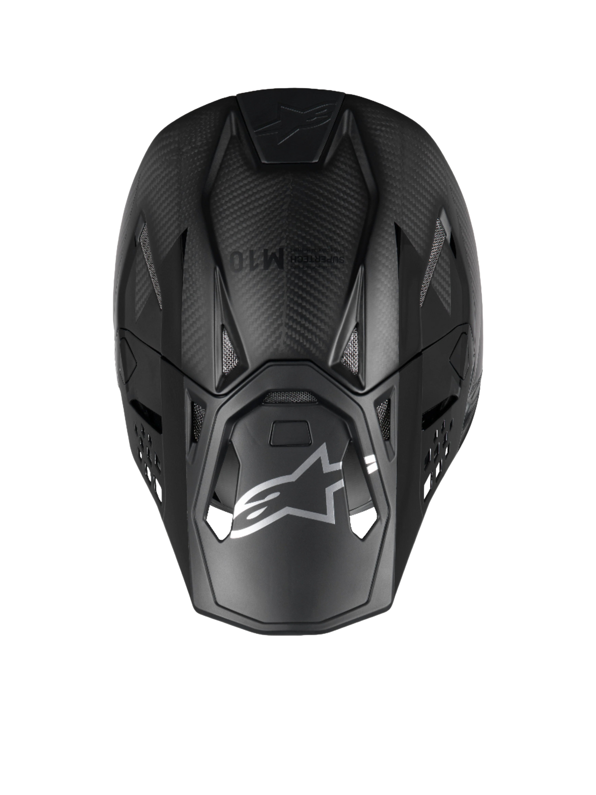 Alpinestars casco Supertech M10 Fame, vista superior, negro carbón mate y brillante, fibra de carbono 3K de motocross