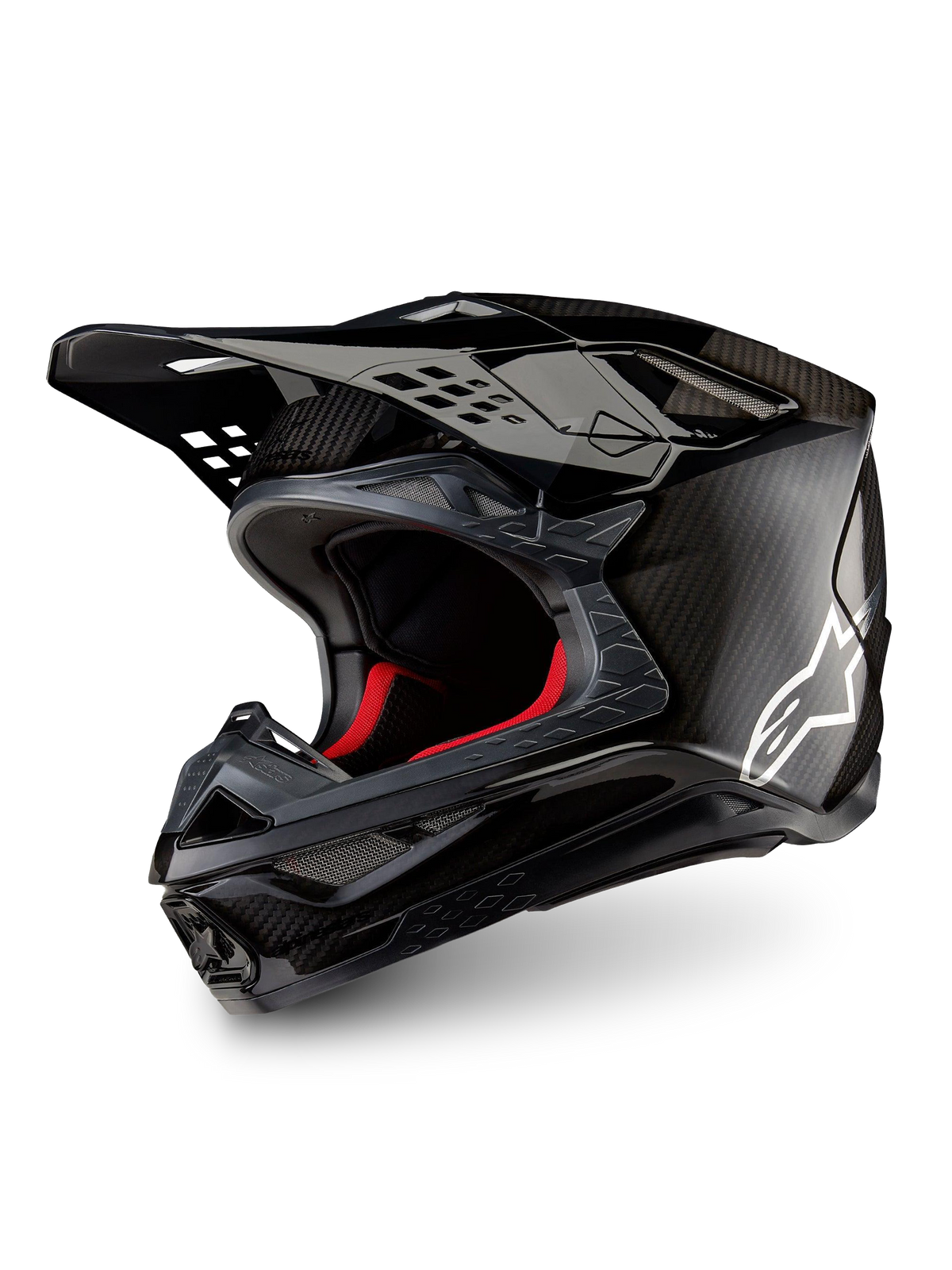 Alpinestars Supertech M10 Fame ECE 22.06, casco de motocross, negro mate y brillante con blanco e interior rojo, fibra de carbono 3K