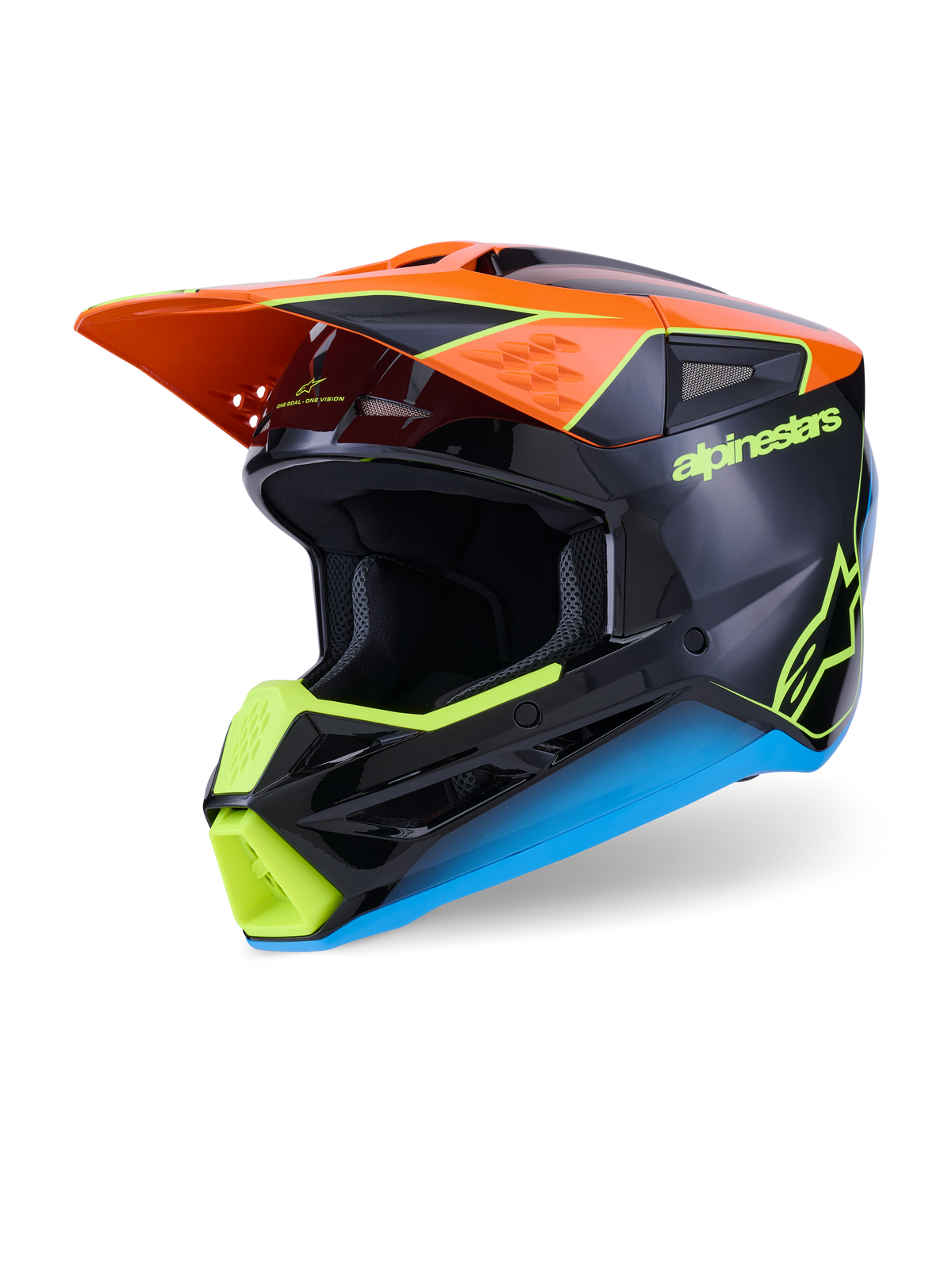 Casco Alpinestars S-M3 Fray, casco de motocross, negro con detalles en naranja, amarillo neón y azul, vista de tres cuartos que muestra la calota termoinyectada aerodinámica y la visera protectora para carreras todoterreno