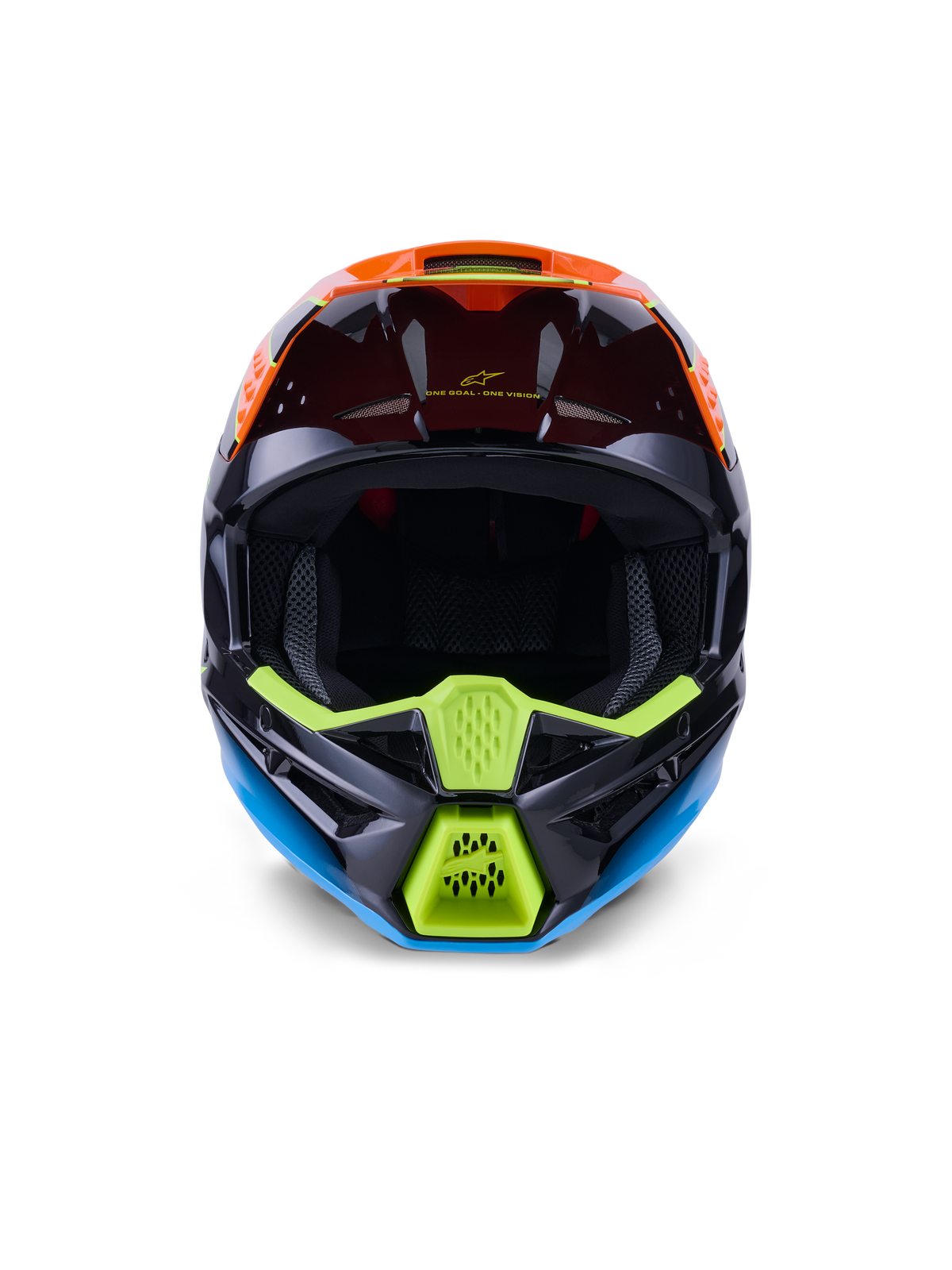 Alpinestars S-M3 Fray Helmet ECE 22.06, casco de motocross, negro, naranja y amarillo flúor, vista frontal que muestra el diseño agresivo de la mentonera con ventilaciones de malla, amplia apertura ocular y perfil aerodinámico estilizado para carreras off-road.