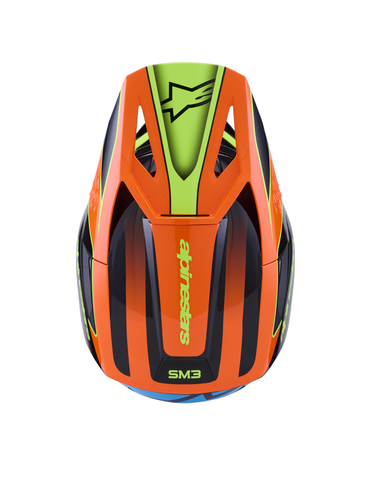 Casco Alpinestars S-M3 Fray, casco de motocross, naranja y amarillo fluorescente con detalles negros, vista superior que muestra la calota aerodinámica y la visera con el logotipo de Alpinestars, diseño gráfico vibrante para conducción off-road