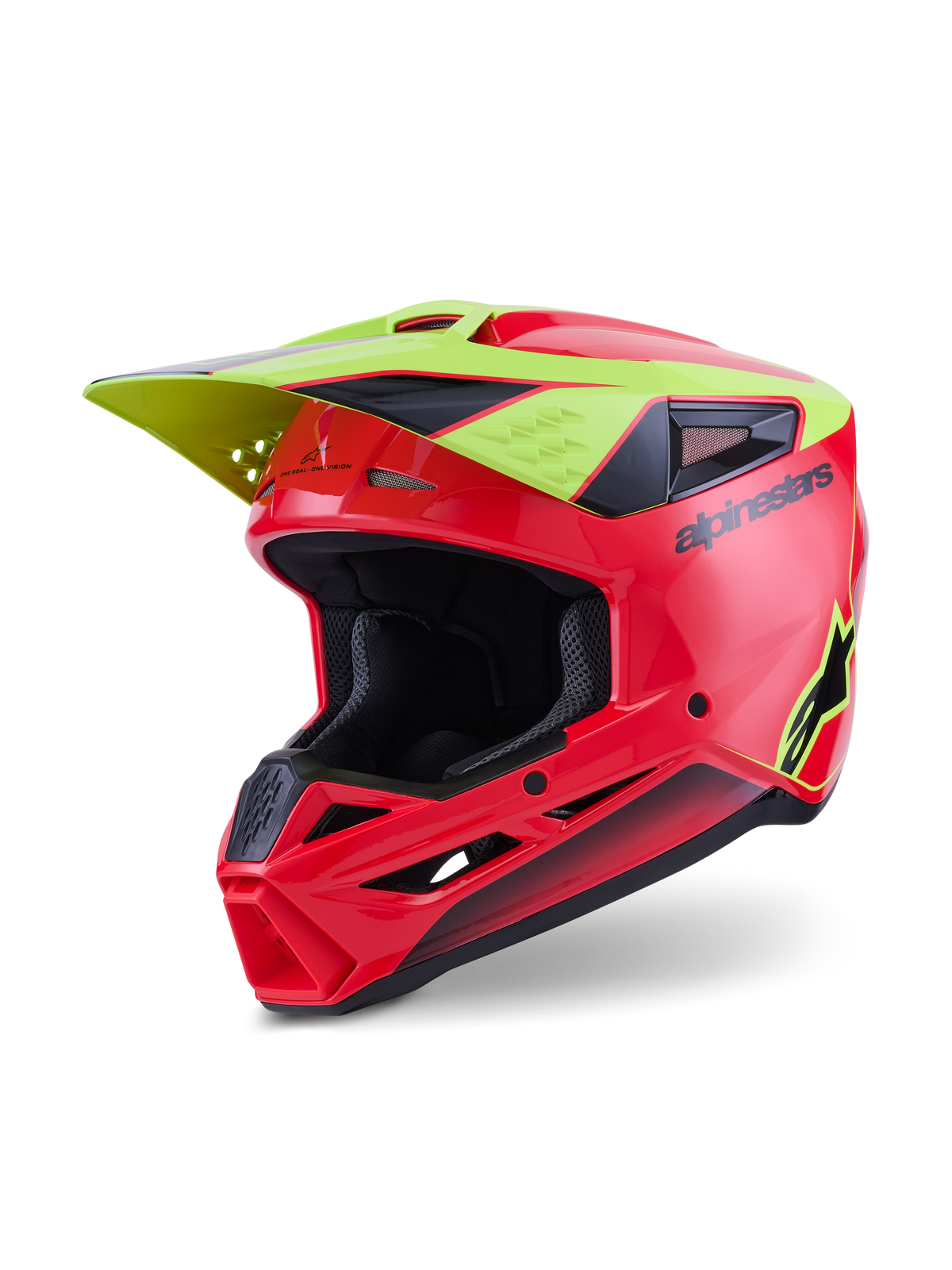 Alpinestars S-M3 Fray Helmet ECE 22.06, casco de motocross, rojo, amarillo flúor y negro brillante, con calota aerodinámica y puertos de ventilación, visera amarilla integrada, logotipo y marca Alpinestars en negro, acabado brillante para carreras off-road