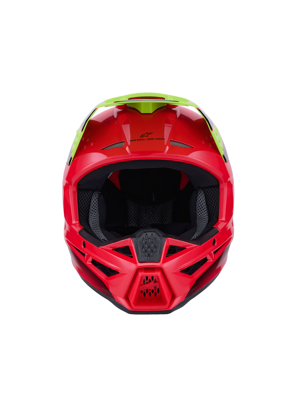 Alpinestars S-M3 Fray Helmet ECE 22.06, casco de motocross, rojo y amarillo flúor, vista frontal con acabado brillante, con múltiples entradas de ventilación y una visera prominente, equipo de protección de alto rendimiento para conducción off-road