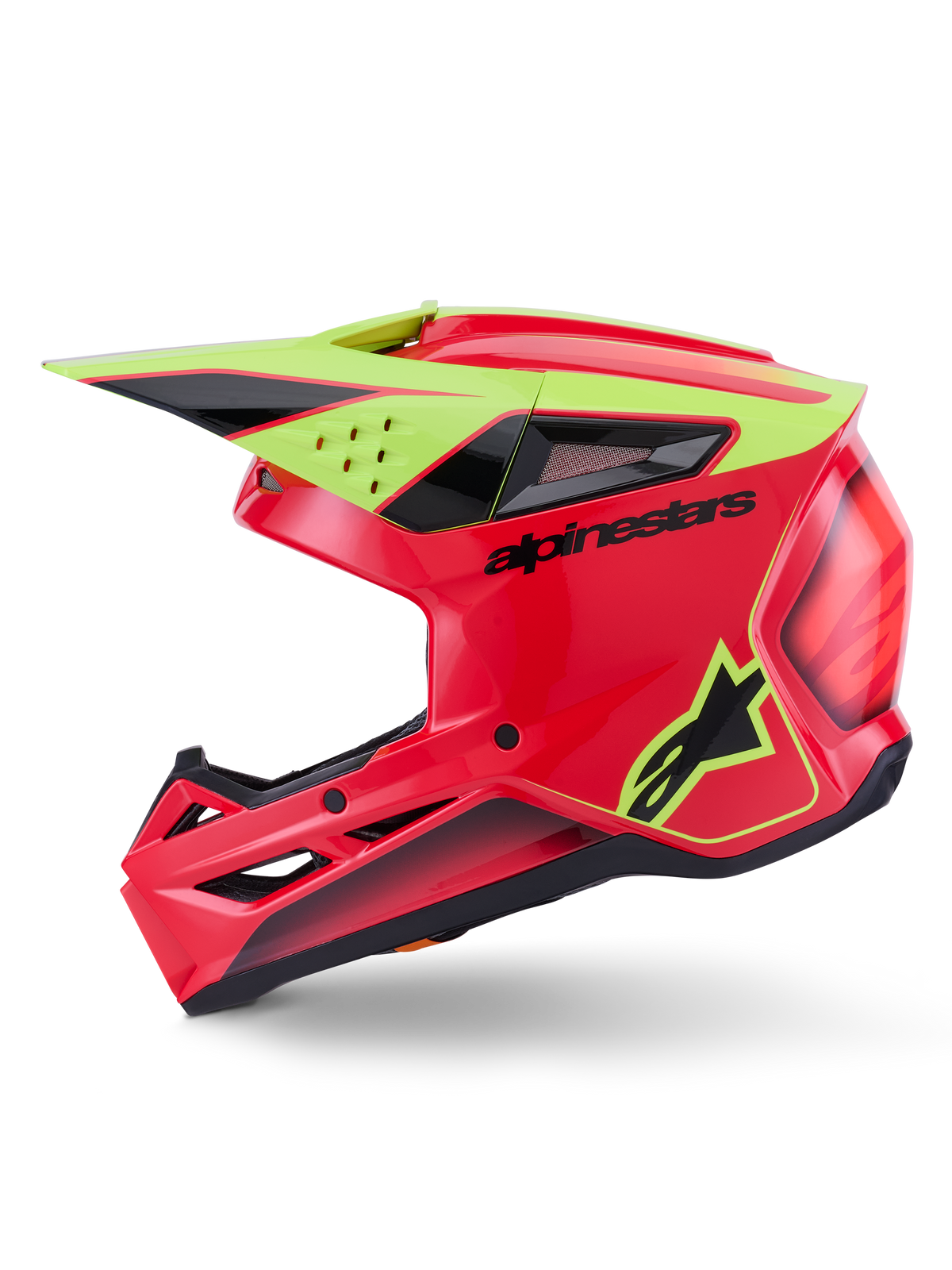 Casco Alpinestars S-M3 Fray ECE 22.06, casco de motocross, rojo, amarillo flúor y negro brillante, vista de perfil lateral, con una calota aerodinámica termoinyectada con múltiples puertos de ventilación, logotipos de Alpinestars en negro y logotipo de la estrella en amarillo fluorescente, protección de alto rendimiento para conducción off-road.