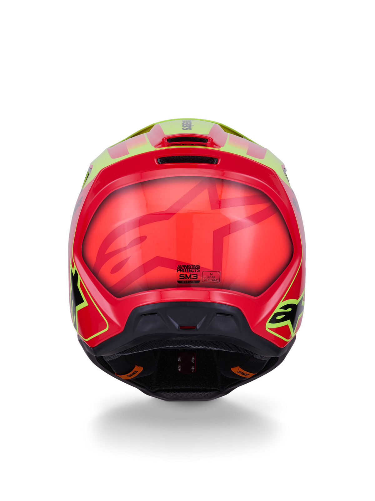 Alpinestars S-M3 Fray Helmet ECE 22.06, casco de motocross, rojo, amarillo flúor y negro brillante, vista posterior con calota aerodinámica brillante y gráficos llamativos en rojo y amarillo fluorescente, puertos de ventilación integrados y marcas de certificación de seguridad