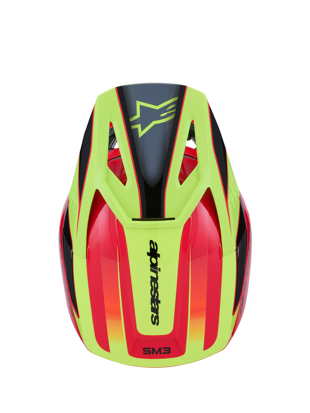 Casco Alpinestars S-M3 Fray, casco de motocross, rojo, amarillo flúor y negro brillante, vista desde arriba con un diseño gráfico vibrante, logotipo de estrella negra en la visera amarilla y marca Alpinestars en la parte trasera