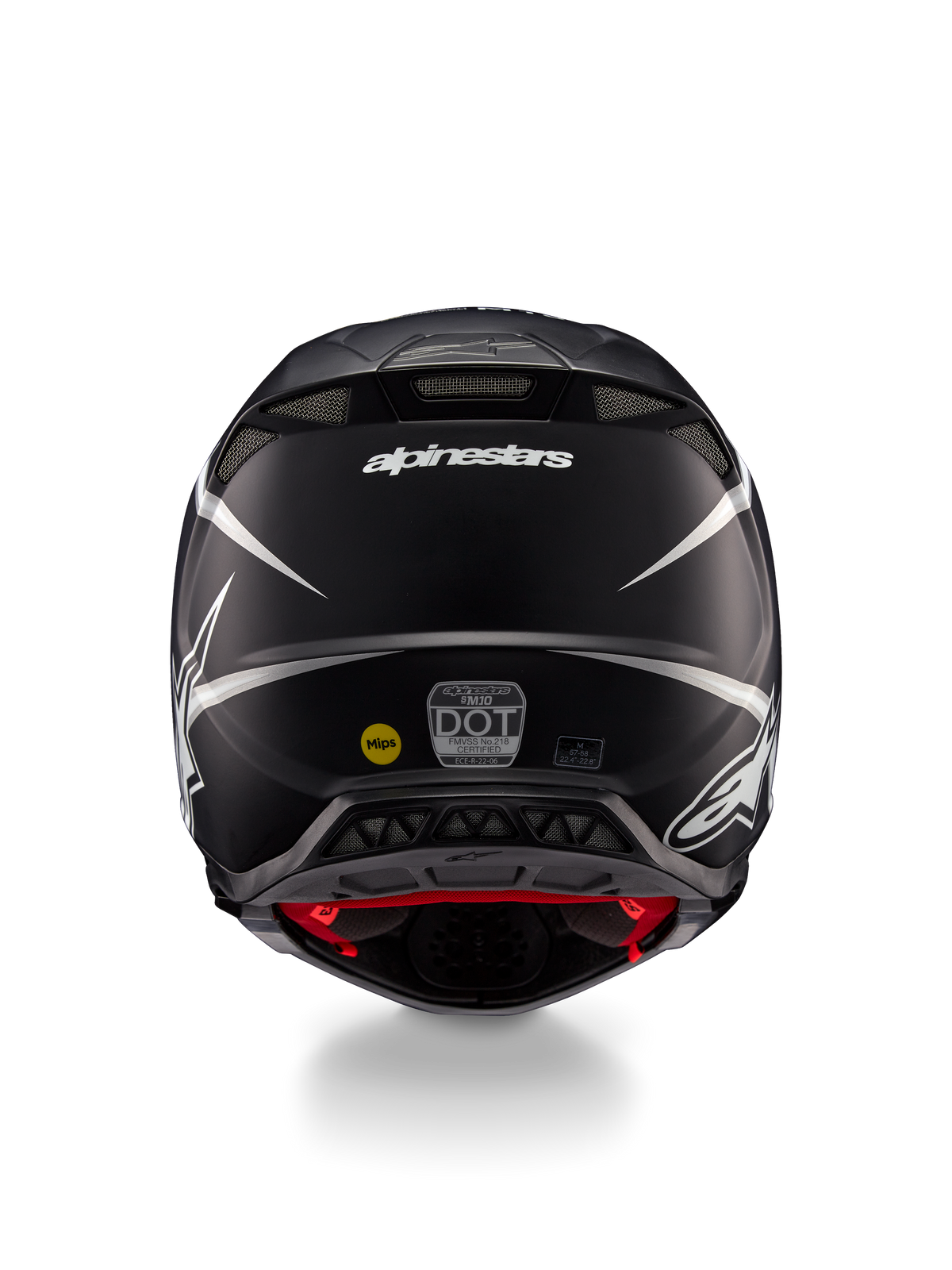 Casco Alpinestars Supertech M10 Ampress, casco de motocross, negro y blanco mate, vista trasera que muestra el logotipo de Alpinestars y etiquetas de certificación, diseño aerodinámico con salidas de aire integradas
