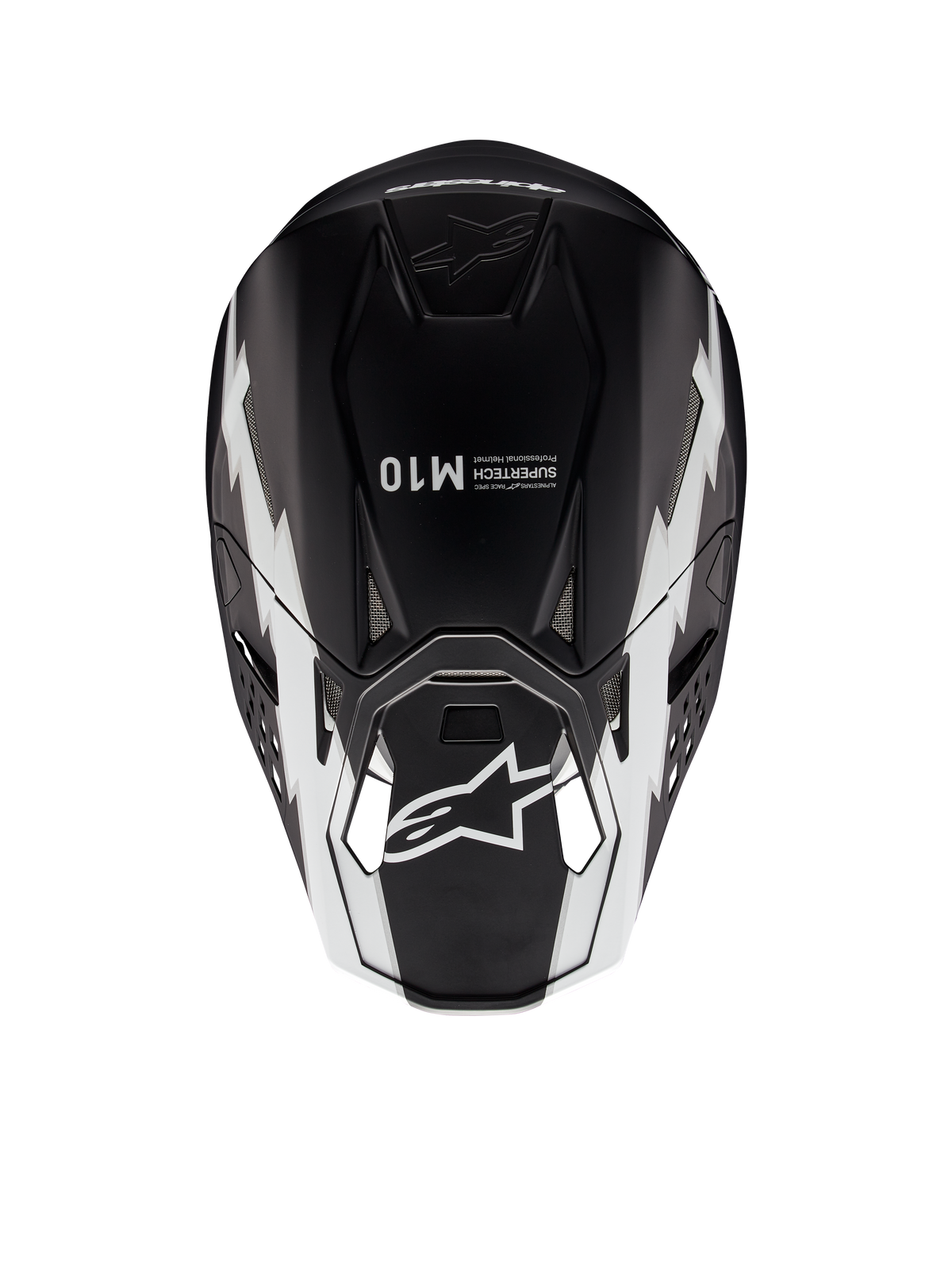 Casco Alpinestars Supertech M10 Ampress, casco de motocross, negro y blanco mate, vista superior que muestra gráficos geométricos blancos, logotipo A-star en la visera y marca Supertech M10 en la parte superior, diseño aerodinámico para rendimiento off-road