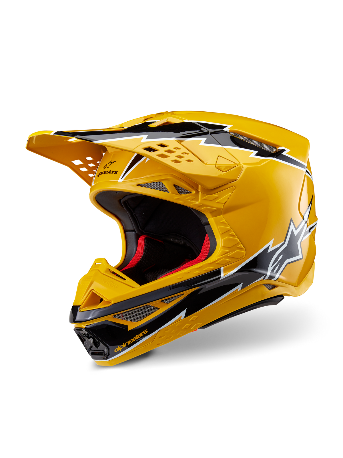 Casco Alpinestars Supertech M10 Ampress, casco de motocross, amarillo y negro brillante, con gráficos de rayos, visera ventilada y diseño aerodinámico, protección de alto rendimiento para todoterreno