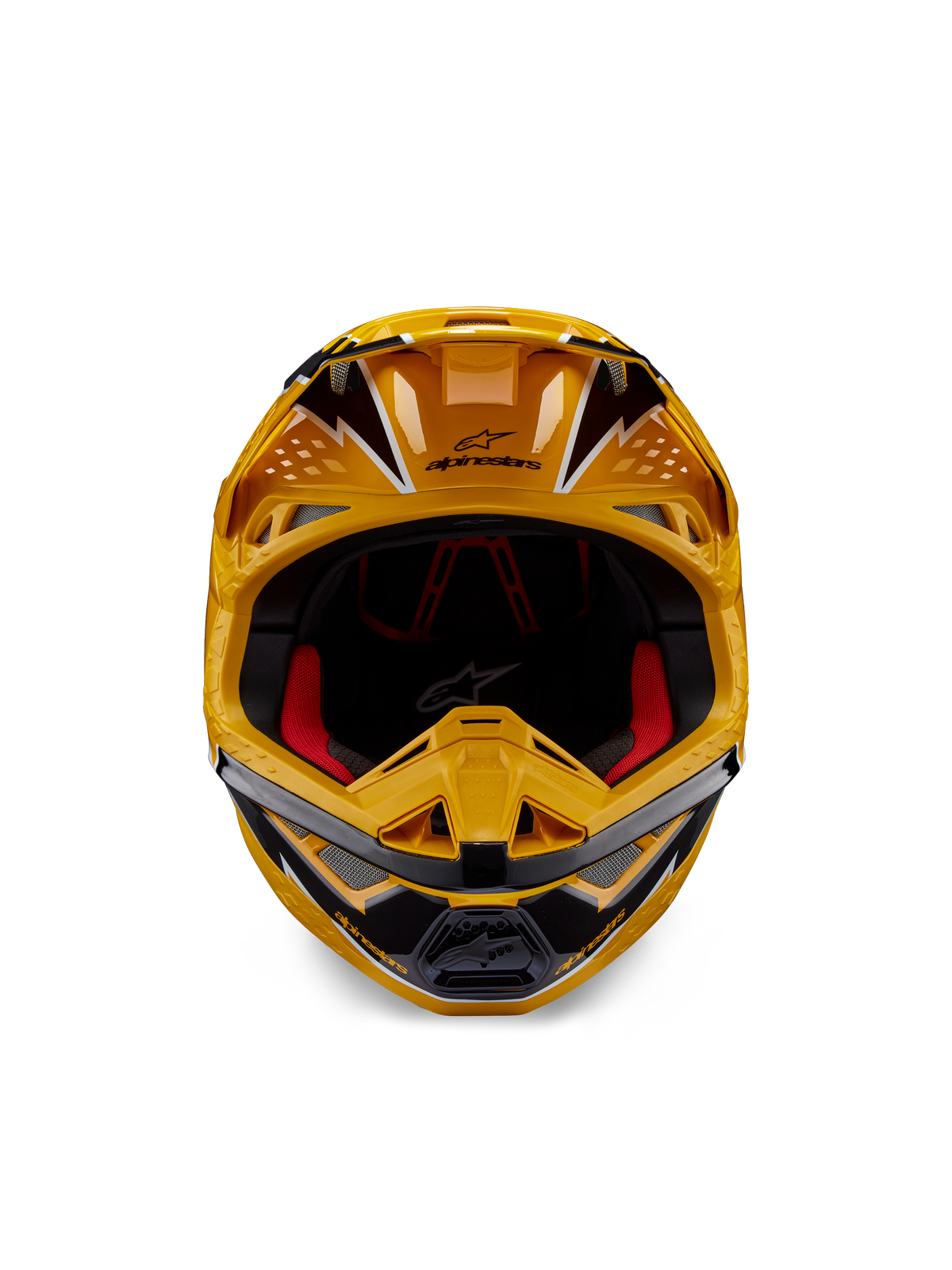 Casco Alpinestars Supertech M10 Ampress, casco de motocross, amarillo y negro brillante, vista frontal que muestra gráficos angulares llamativos, logotipo de Alpinestars en la visera, acolchado interior rojo, calota aerodinámica para carreras de motocross profesionales